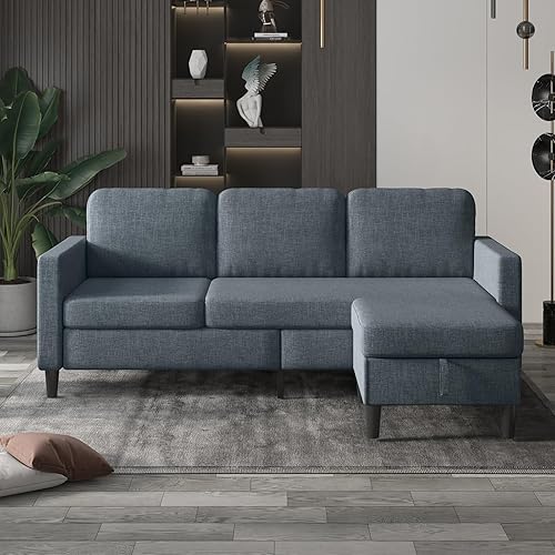 Mjkone Convertible Sectional Sofa Couch with Storage Ottoman, 78" W L-Shaped Couch for Living Room, 3-Seat Sofas with Reversible Chaise, Sectional Couches for Living Room/Office/Bedroom (Dark Grey)