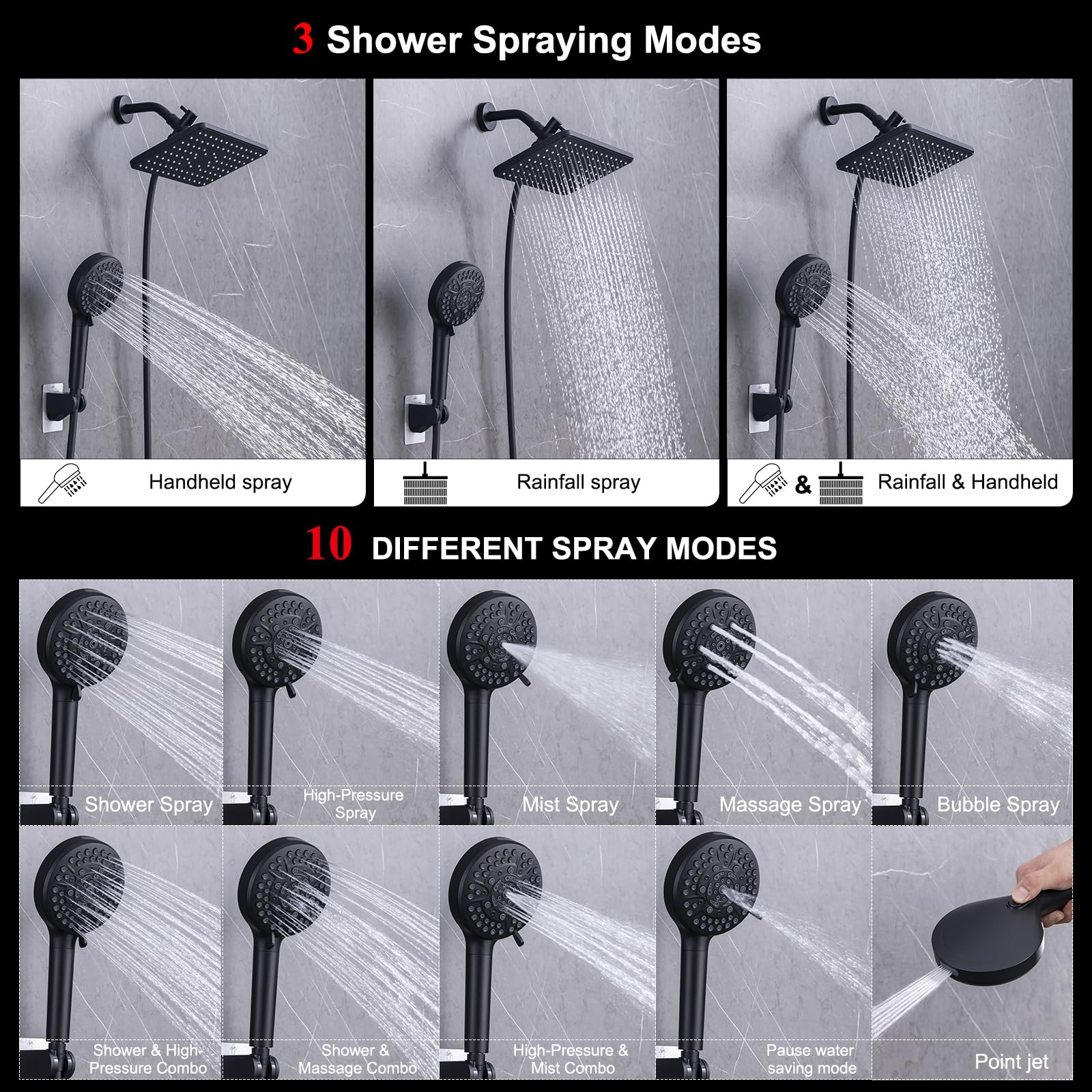 BSTHAONE Black Shower Head Combo, 12'' Rain Shower Head with Handheld Spray, 10Modes High Pressure Hand Held Showerhead with Power Jets,70''Soft PVC Hose Won't Peel Paint or Scratches kids