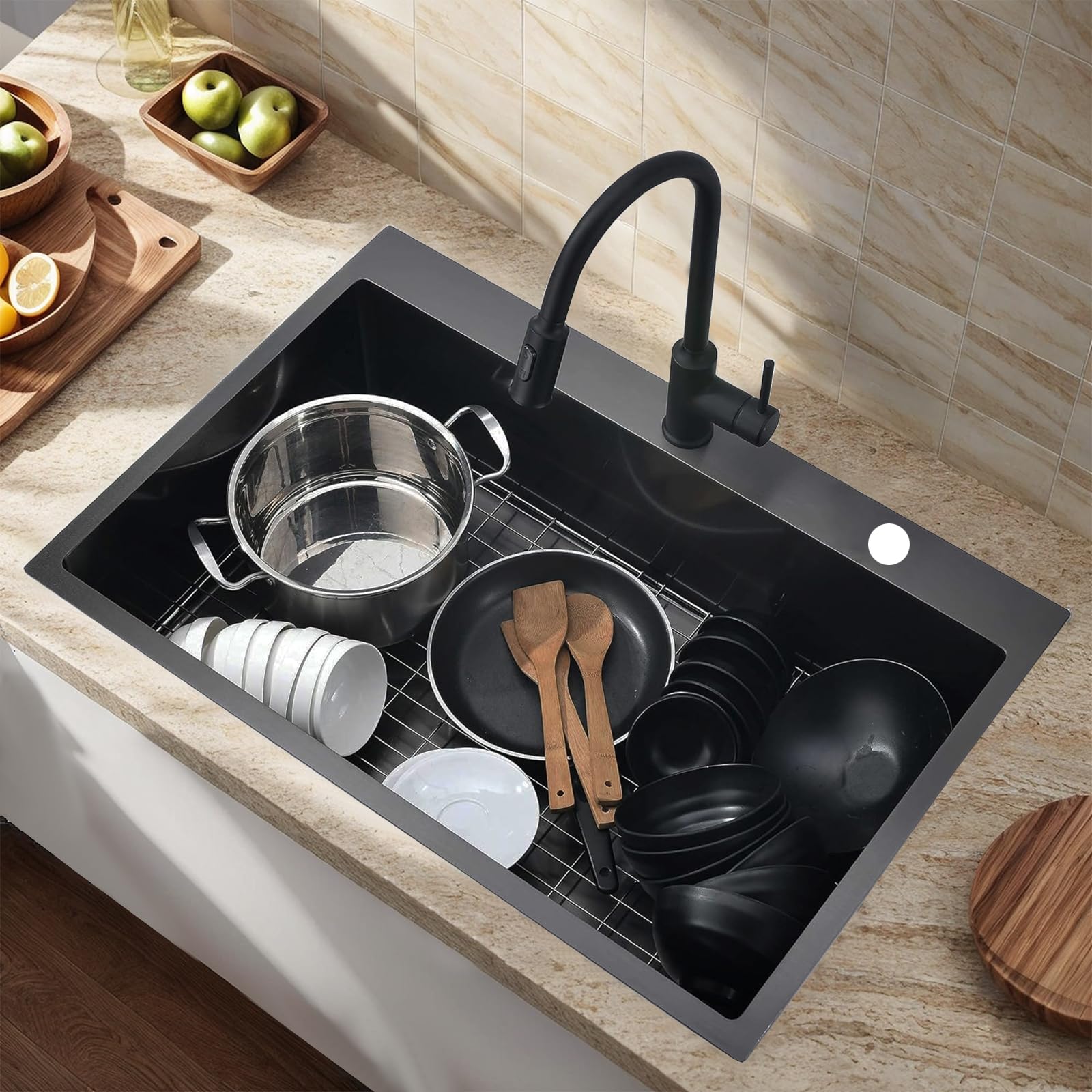 33''x22''x9'' Drop In Black Kitchen Sink, Top mount Stainless Steel Gunmetal Black Sink 16 Gauge Single Bowl, Handmade Commercial Modern Prep Kitchen Sinks