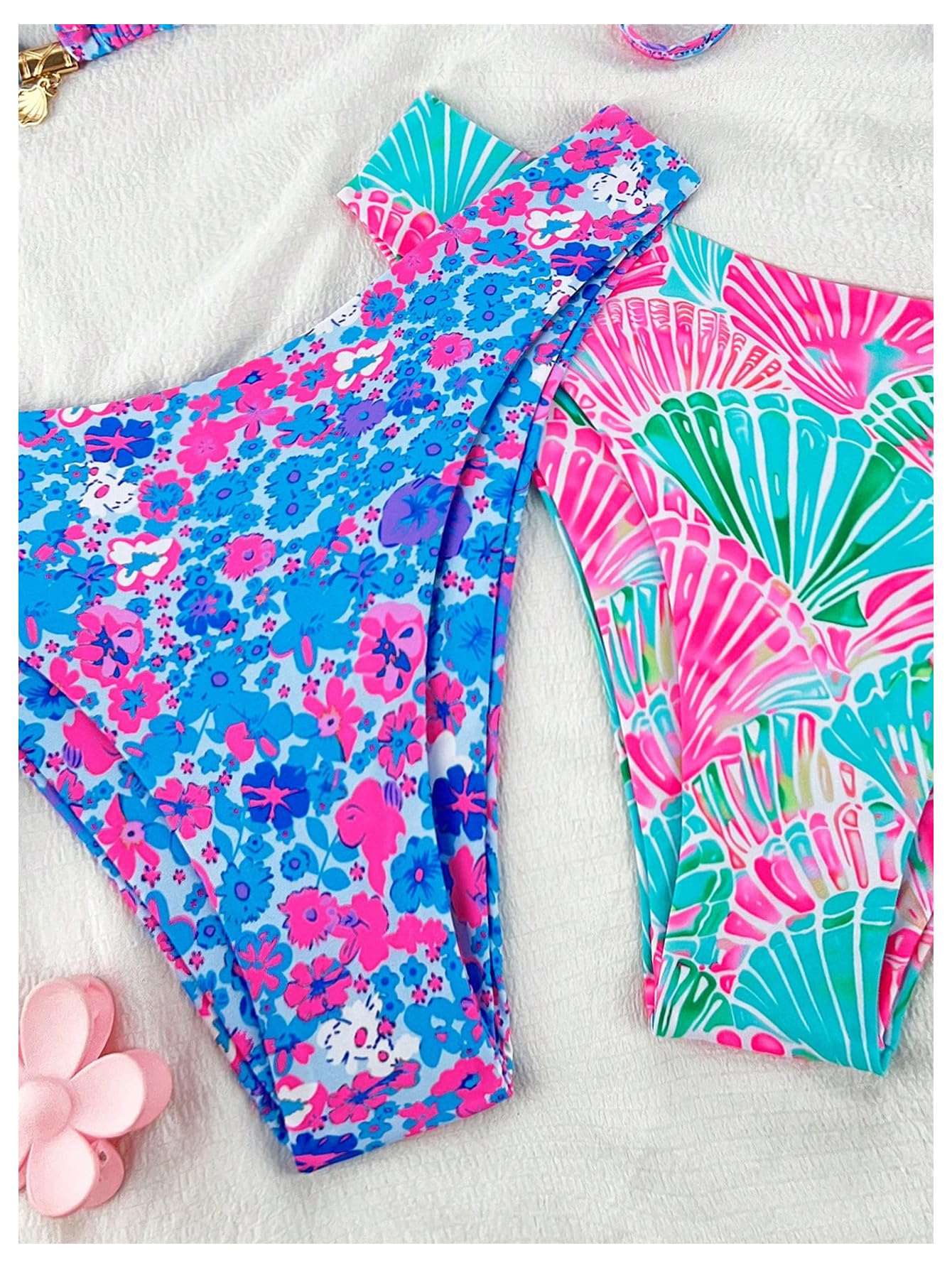 Damski 4-częściowy Zestaw Bikini Kwiatowy Strój Kąpielowy Typu Halter Trójkątny Z Wysokim Wycięciem Wielokolorowy Średni