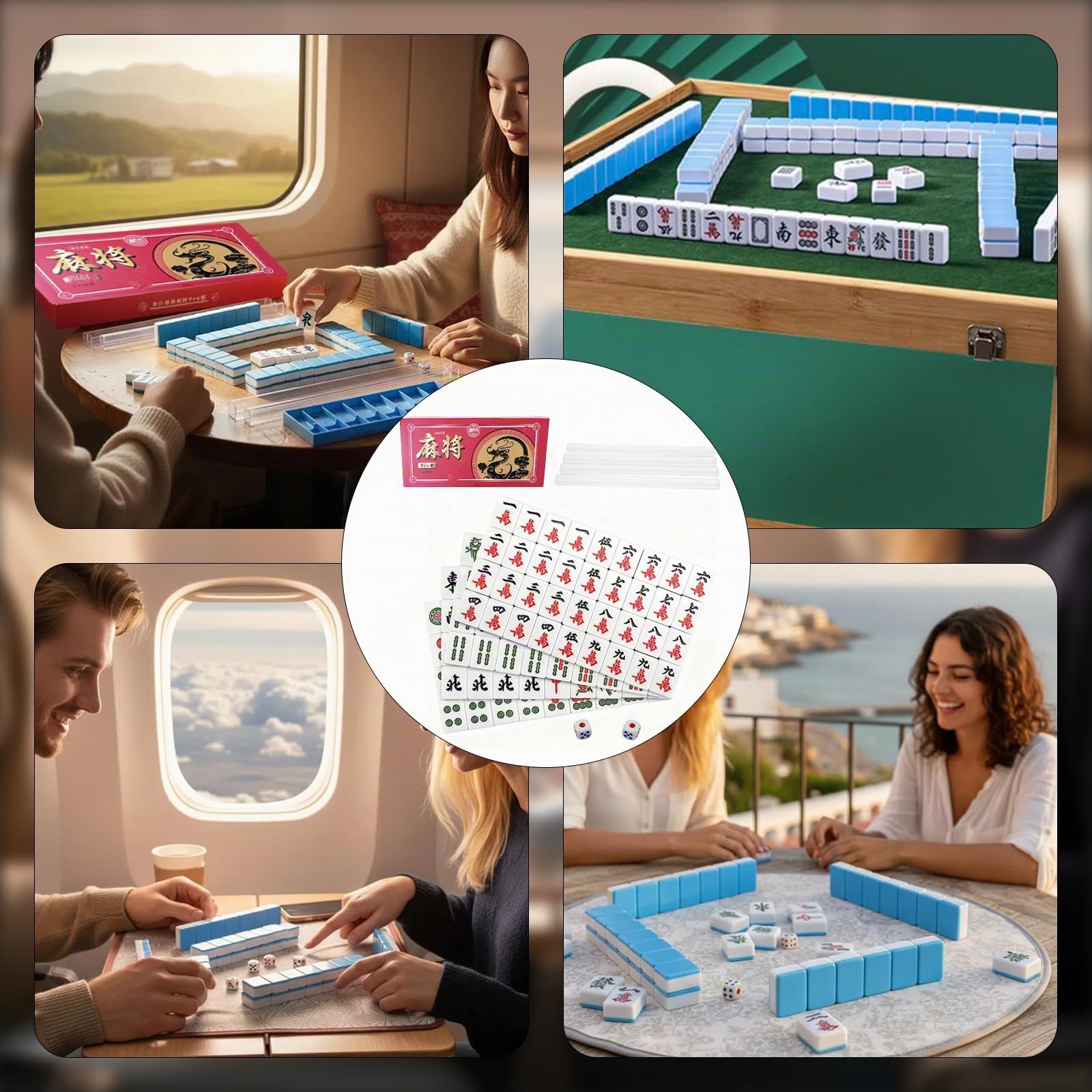 Mini Mahjong Set 24 mm – Juego de mesa de Mahjong chino portátil con 144 azulejos, incluye 2 dados, juego familiar perfecto para casa o de viaje