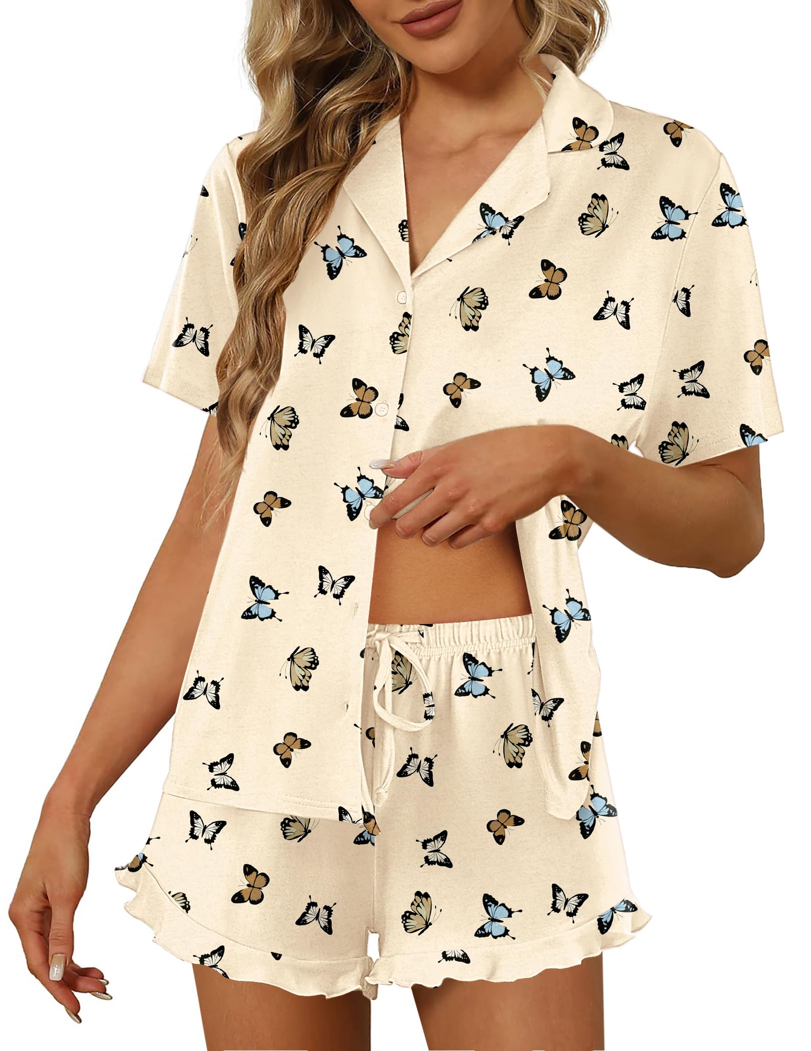 Ekouaer Pajamas Set for Women Short Sleeve Sleepwear Button Down Ruffle Pjs | Soft Pjs Shorts Set, Notch Collar, Lounge Sets for Sleep, Lounge, Wedding, Bridal Party