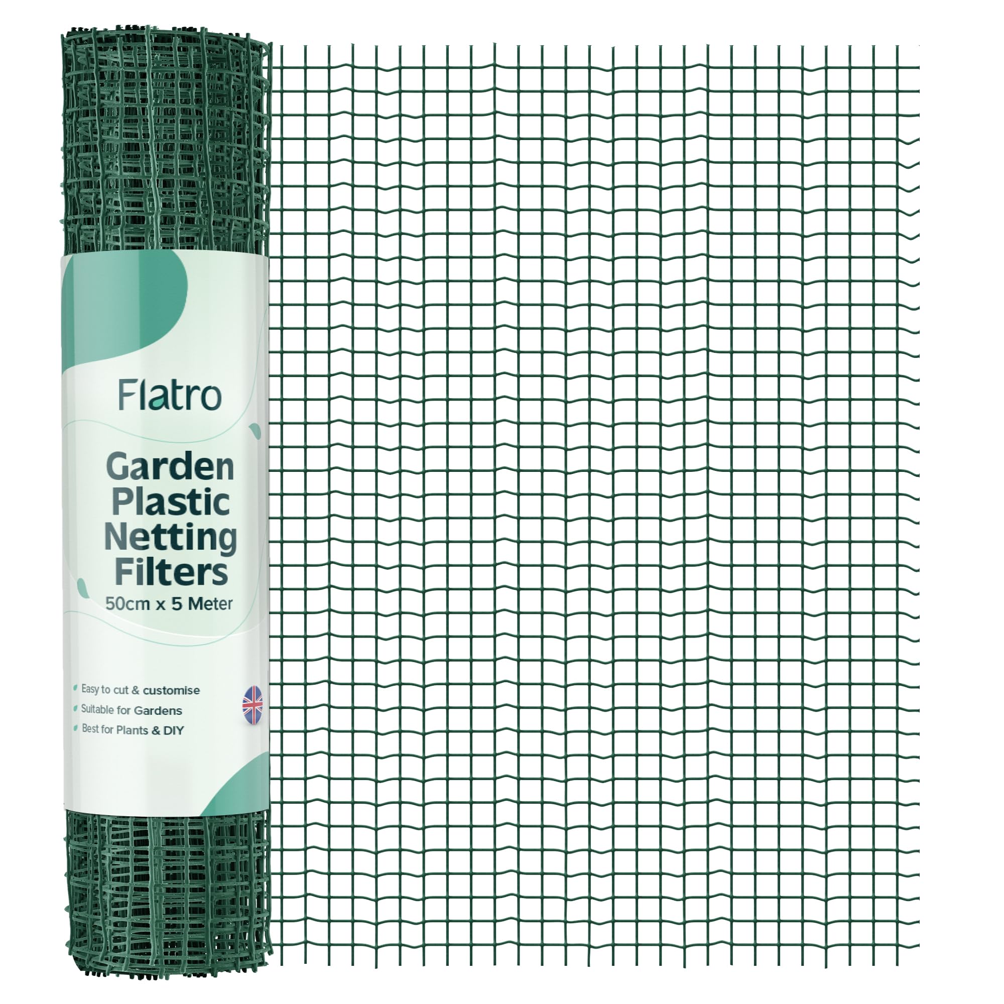 Flatro Garden Netting Mesh Fence Heavy Duty | 50cm x 5m Waterproof Green Plastic Netting Fence to Protect Fruit and Plants from Animals & Birds | Reusable Safety Mesh Fencing