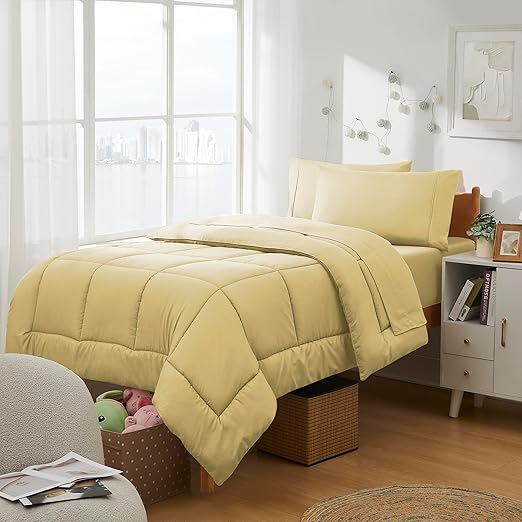 Dorm Room Essentials College Bedding Comforter Set 5 Piece Twin Size Bed in a Bag for College Students Boys and Girls, Twin, Camel