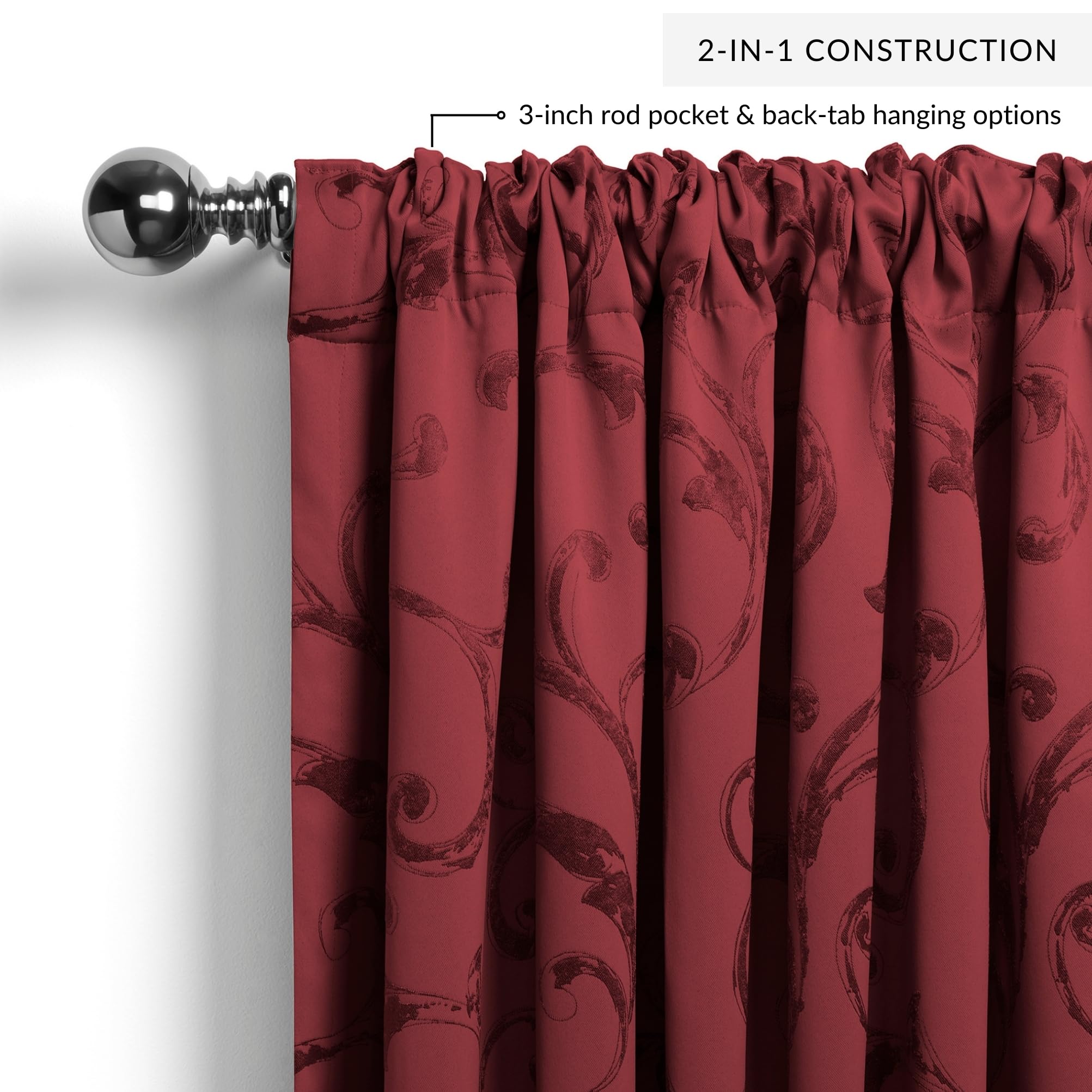 Elrene Home Fashions Mia Jacquard Scroll Blackout Window Curtain, 52" x 95" (1 Panel), Rouge, W 52" x L 95" (1 Panels) - Image 4
