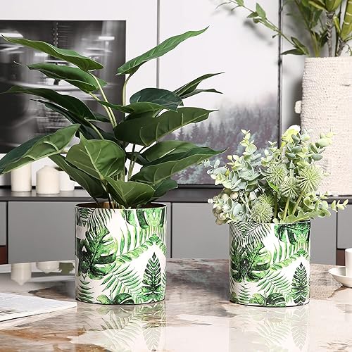 Miniatura 2 de MyGift Maceta moderna de metal con diseño de hoja de palma verde e interior en tono latón, contenedor decorativo para suculentas, juego de 2 piezas,