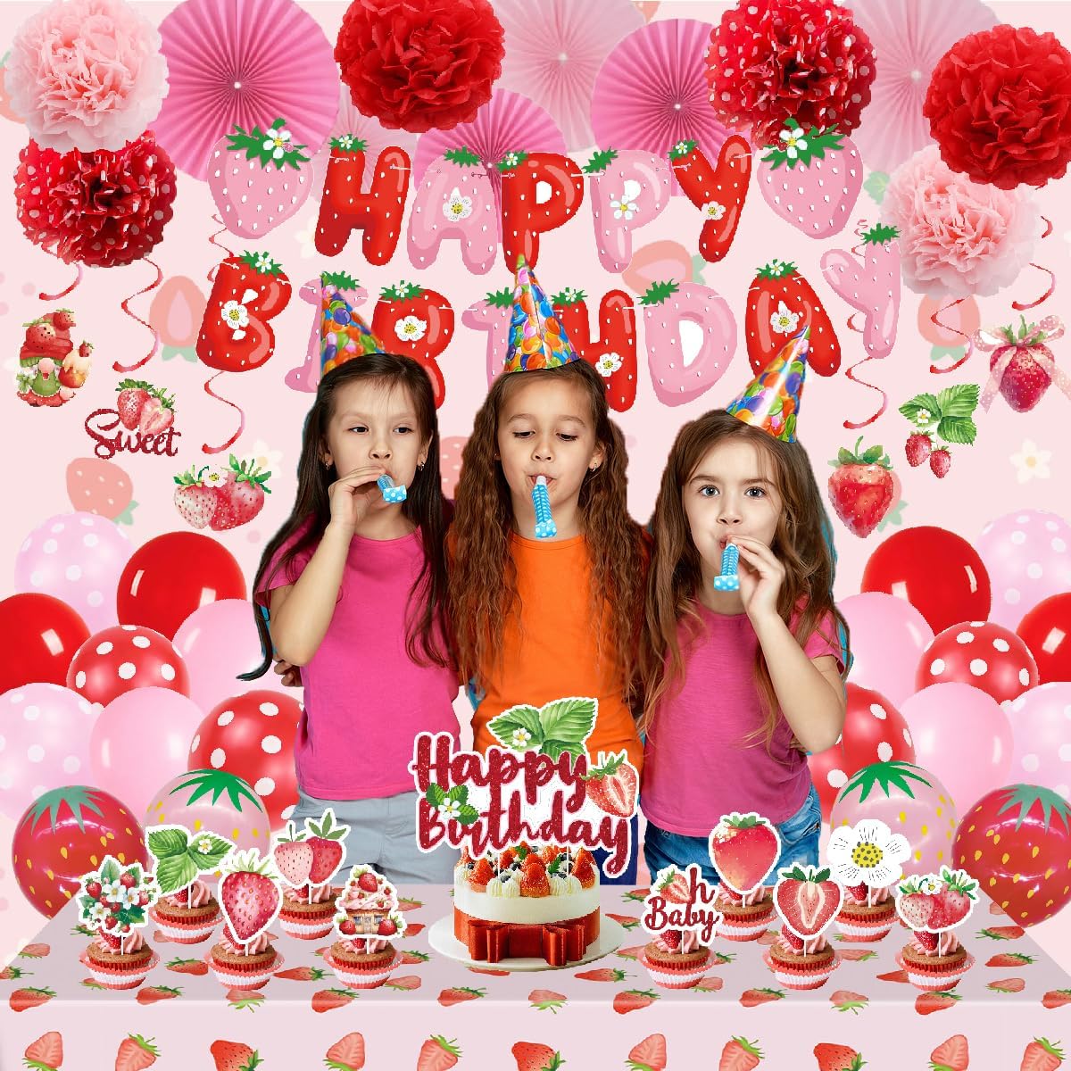 Strawberry Birthday Party Decorations for Girls with Themed Tablecloth, Happy Birthday Banner, Cake Topper, Balloons, Hanging Swirls & Pompoms Strawberry Party Decor Supplies for Womens Themed Party