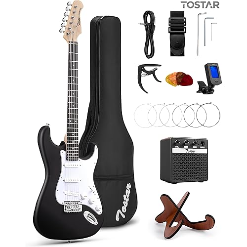 Tostar 39 Inch Full Size Electric Guitar Kit For Beginners And Adults,SSS Pickup Stratocaster Guitarra Electrica Set Includes Tremolo Bridge,Amp,Strings,Stand,Case Bag,Birthday Christmas Holiday Gifts