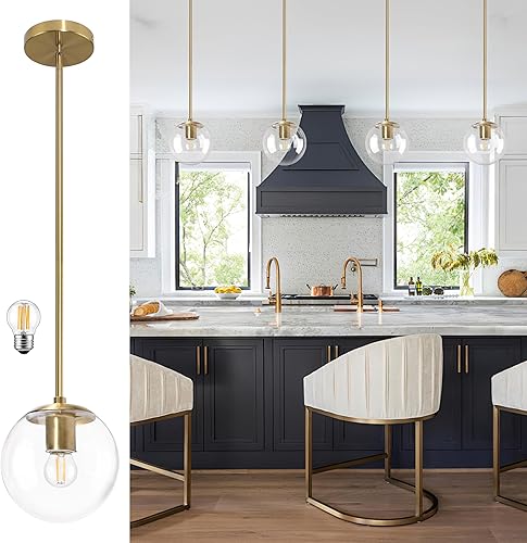 Lámpara colgante de globo de 6 pulgadas, luz colgante dorada de mediados de siglo, luces colgantes de globo contemporáneo, isla de cocina, vidrio