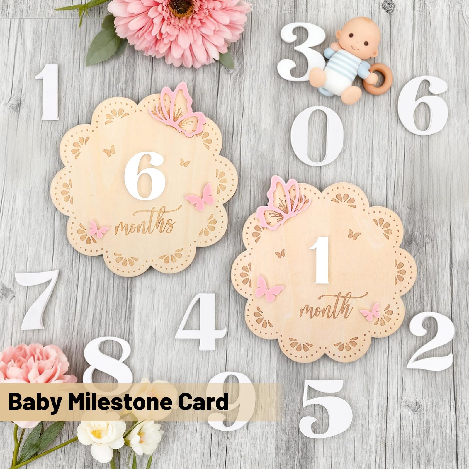 1 Baby Milestone Cards with Numbers, Wooden Baby Monthly Milestone Cards, Butterfly Design, 10 Adhesives Included - Image 2