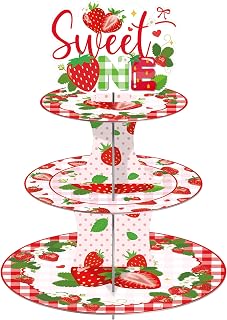 Sweet One Birthday Party Decorations Cupcake Stand, 3 Tier Strawberry Themed Cardboard Cupcake Display Stand Dessert Tower, Berry First Birthday Party Supplies