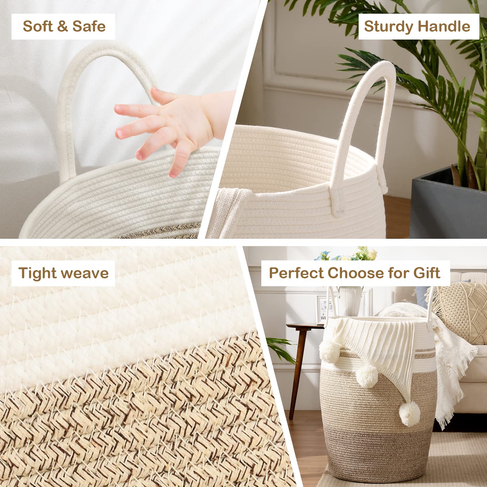 OIAHOMY Laundry Hamper Woven Rope Large Clothes Hamper 25.6" Cesta de lavandería de altura alta con manijas extendidas para ropa de almacenamiento Juguetes en el dormitorio, cuarto de baño, plegable