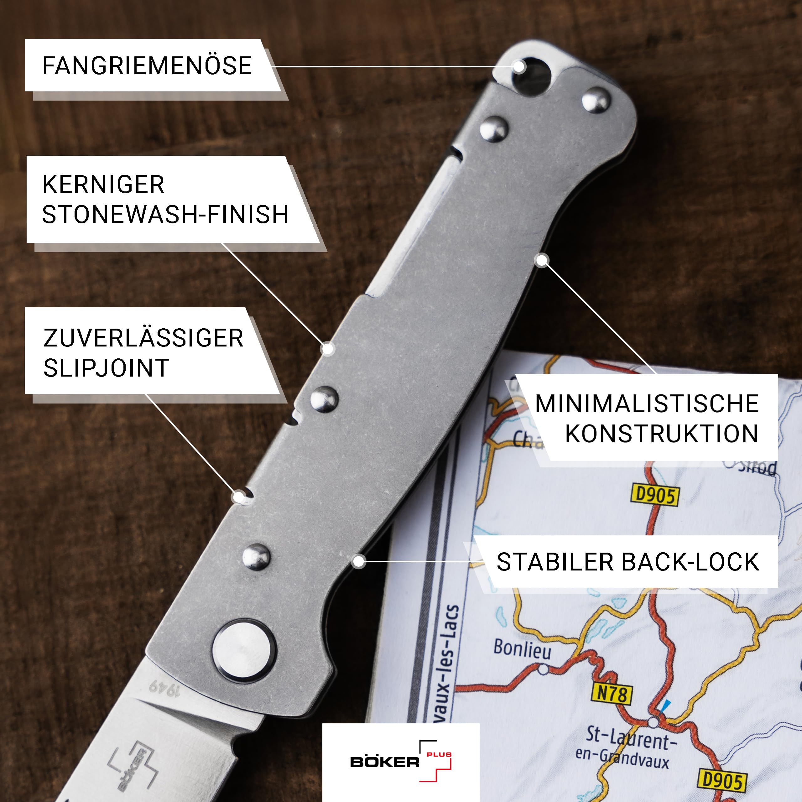 BÖKER Plus Atlas Messer - kleines Slipjoint Taschenmesser - Klappmesser mit Metall Griff - EDC Vollmetall Messer - Vintage Sandvik Faltmesser
