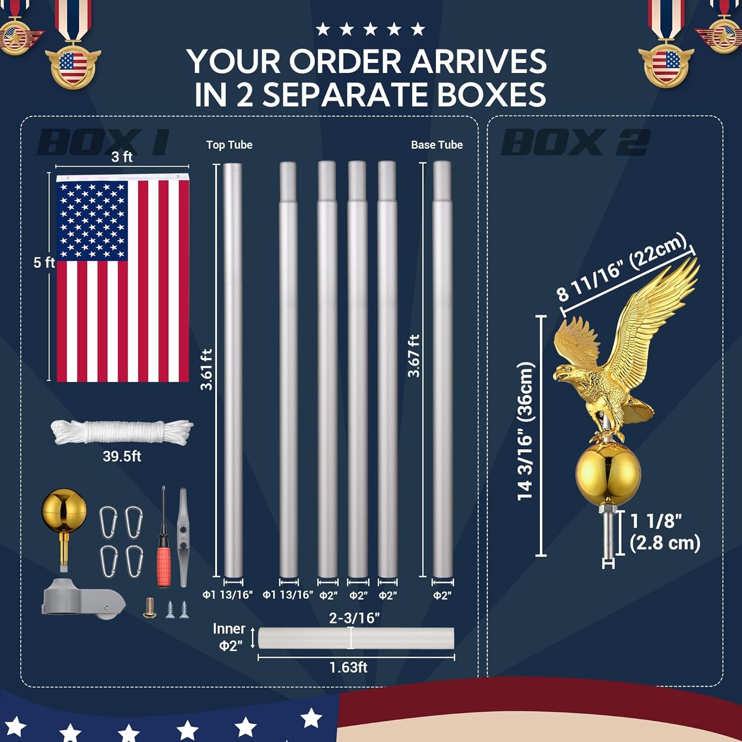 Yescom Bravery 20Ft Eagle Topper Sectional Flag Pole Kit Aluminum Flagpole Set for Outside House Inground Yard Garden Residential Commercial with 3'x5' USA Flag Halyard Flag-Raising Rope Sleeve Silver
