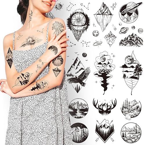 EMOME 60 hojas de tatuajes temporales negros pequeños de planeta de montaña para mujeres y hombres, tatuajes falsos temporales realistas para