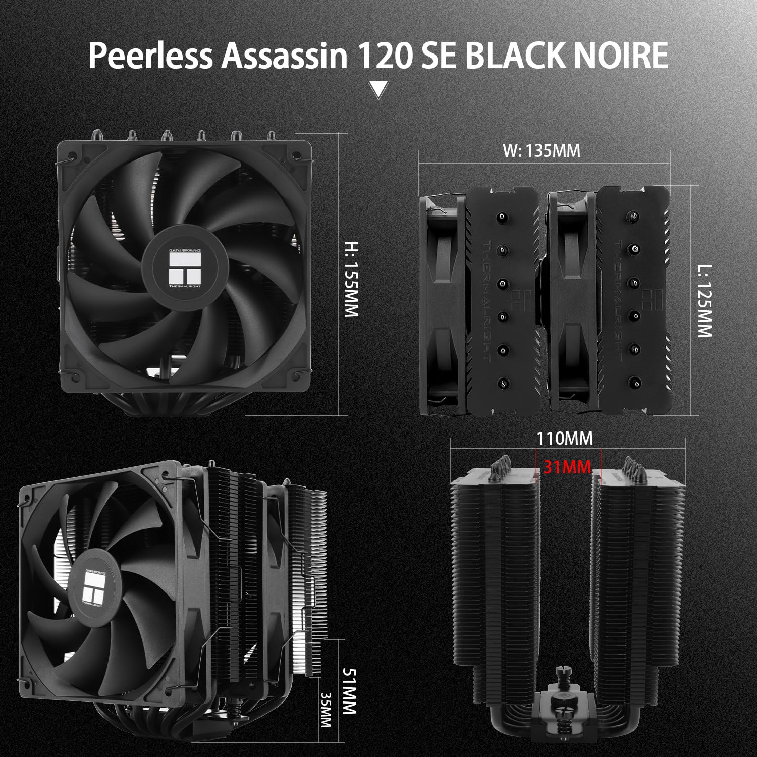 TR Peerless Assassin TL-C12C 120 SE Nero, 6 Condotti di calore, 2 Ventole PWM, Raffreddamento CPU 155 mm, AM4/AM5 e Intel LGA 1851/1700/1150/1151/1200 (PA120SE NERO)