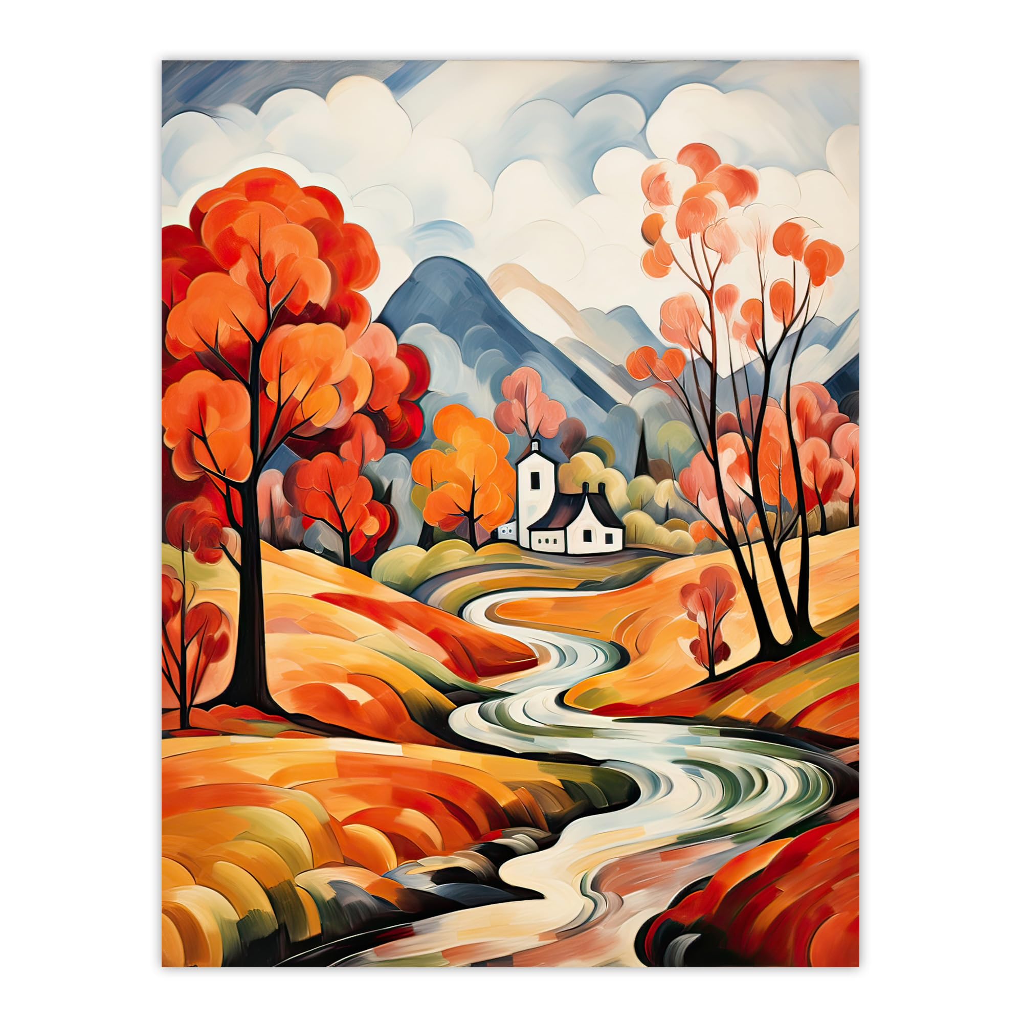 Artery8 Autumn Countryside Landscape Watercolour Painting Orange Green Blue River Leading to Country House Village Large Wall Art Poster Print Thick Paper 18X24 Inch