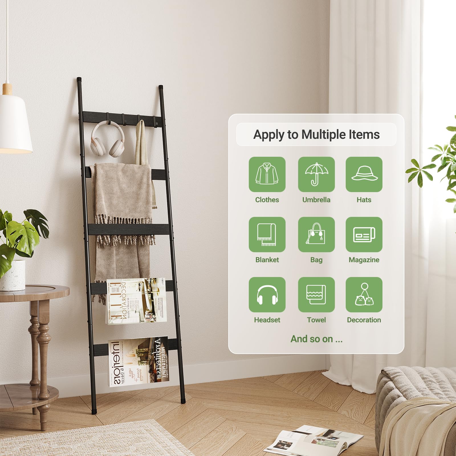 Escalera para manta para sala de estar, soporte de edredón de 5 niveles con 4 ganchos extraíbles para baño, estante de toallas de madera, soporte decorativo inclinado para anclaje de pared para 2