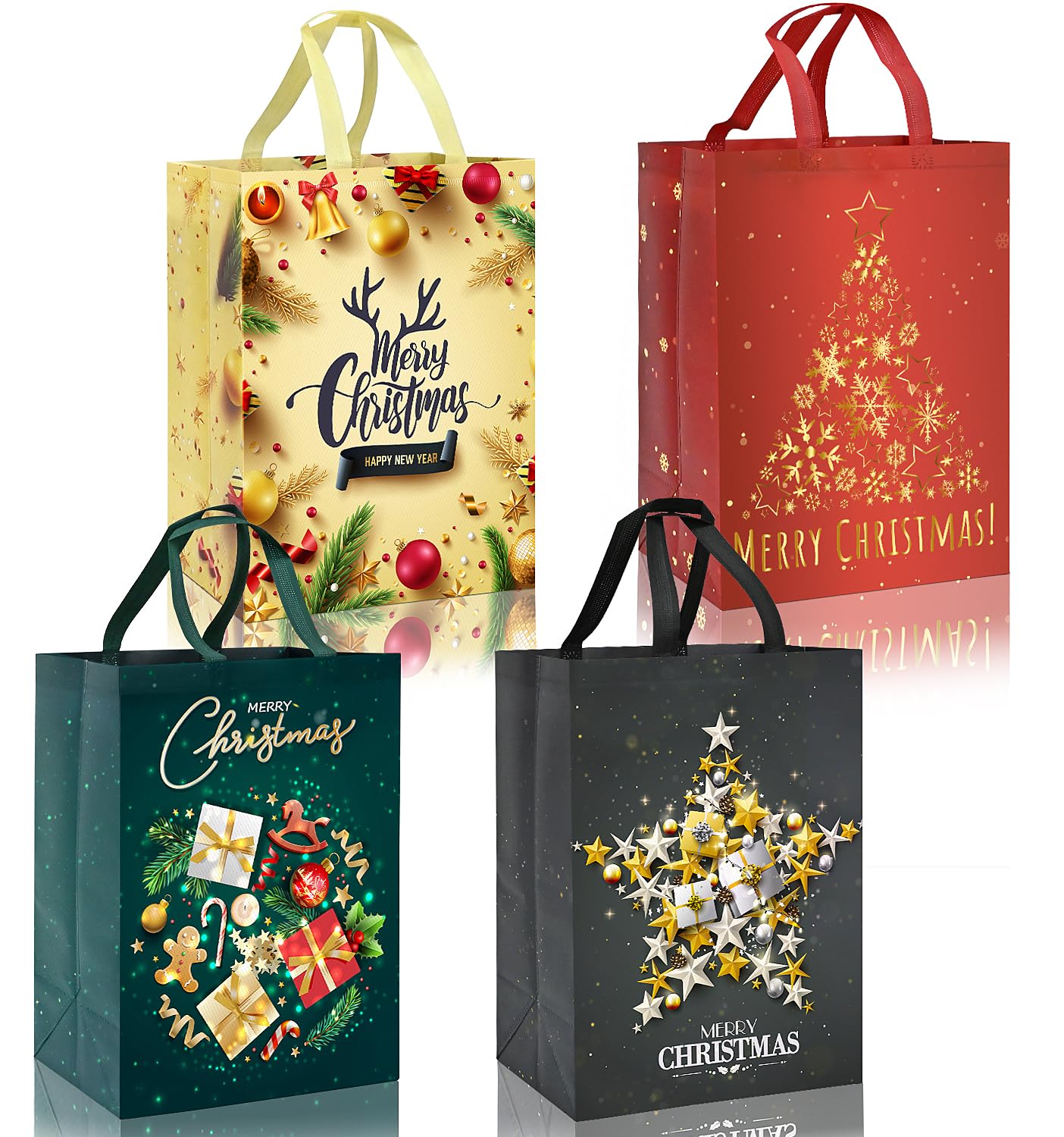 FMDPZUP Large Gift Bags,4 Pack Christmas Tote Bags with Mix Four Styles Handle Non-woven Fabric Present Bag,41 * 30 * 18cm Xmas Reusable Shopping Bag
