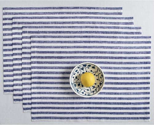 Solino Home Amalfi - Manteles individuales a rayas, de 14 x 19pulgadas, juego de 4 unidades, tela natural, lino europeo, 100% lino puro, hechos a