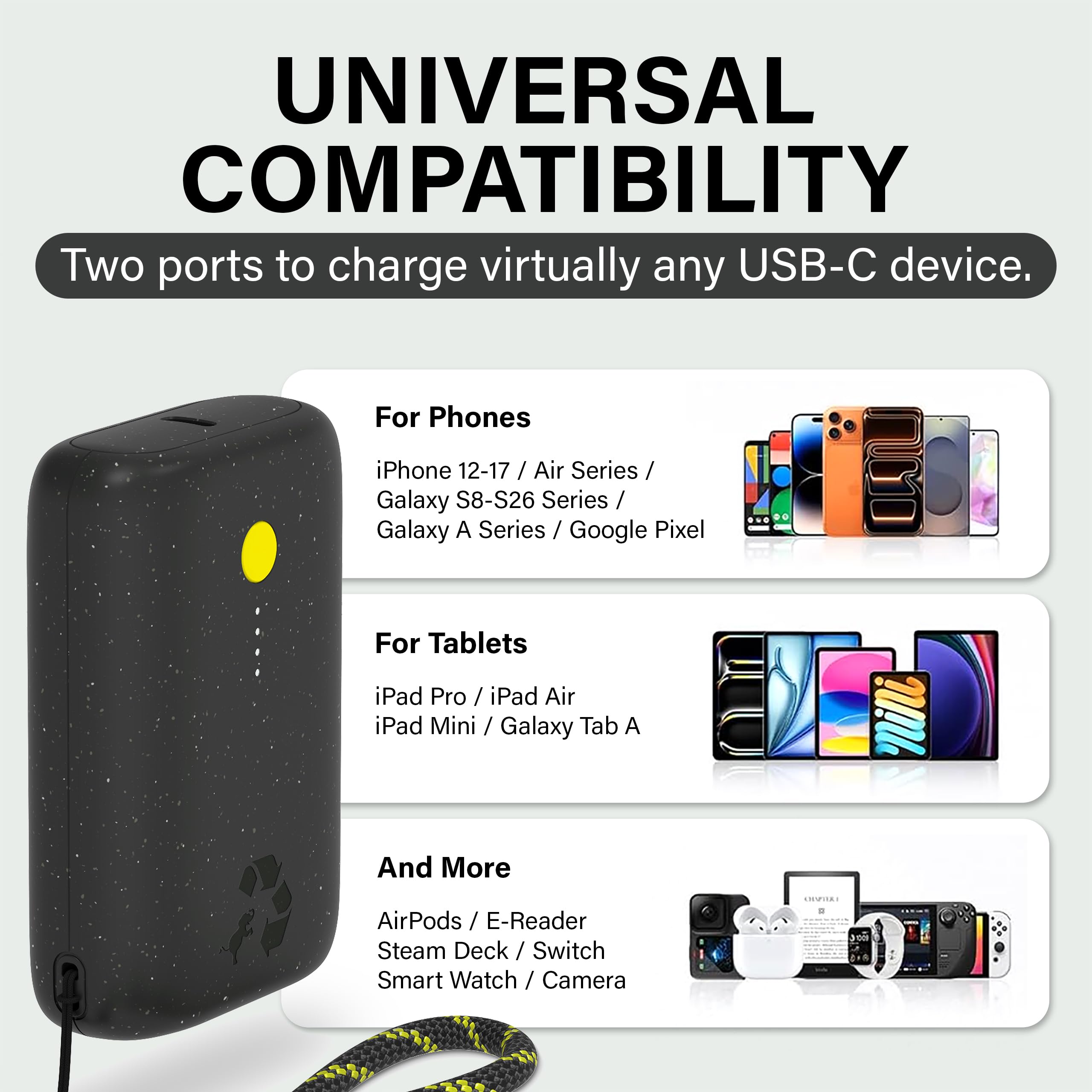 Nimble Champ Tragbares Ladegerät, 10000mAh Power Bank Schnellladung, 20W Dual USB-C Akku Pack mit Kabel, Travel Essential Power Bank für iPhone Laptops Galaxy Tablet Pixel iPad Macbook Kindle Airpod