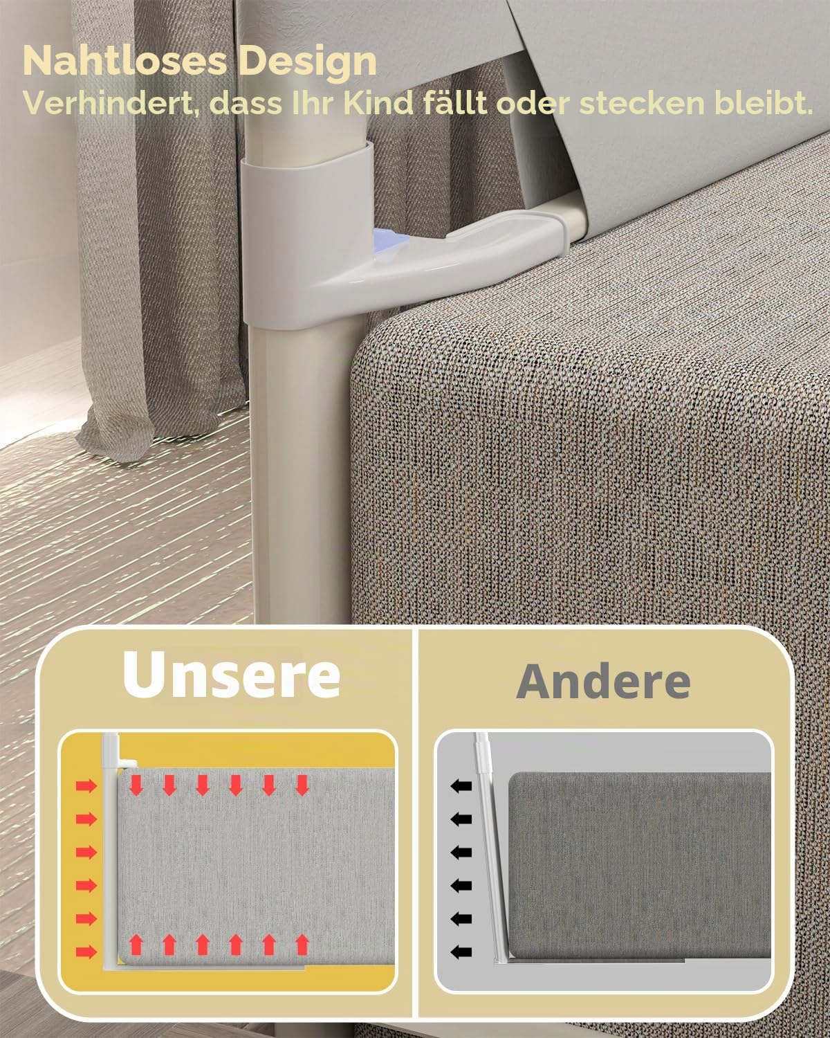 Eulenke 200cm Bettgitter, Bettschutzgitter für Kinderbett, Höhenverstellbar von 70-98cm, Rausfallschutz Bett für Kleinkinder, Kinderbett-Gitter, bettgitter rausfallschutz, Grau