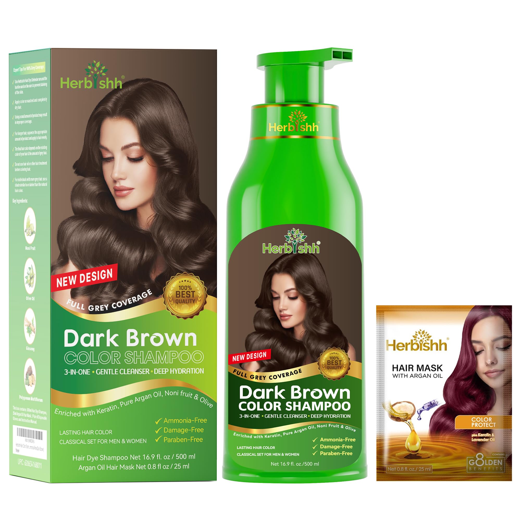 Hair Colour Shampoo for Grey Hair, Dark Brown, 500 ml, Ammonia-Free 3-in-1 Hair Dye Shampoo, Colours Hair in Minutes, Long-Lasting Colour