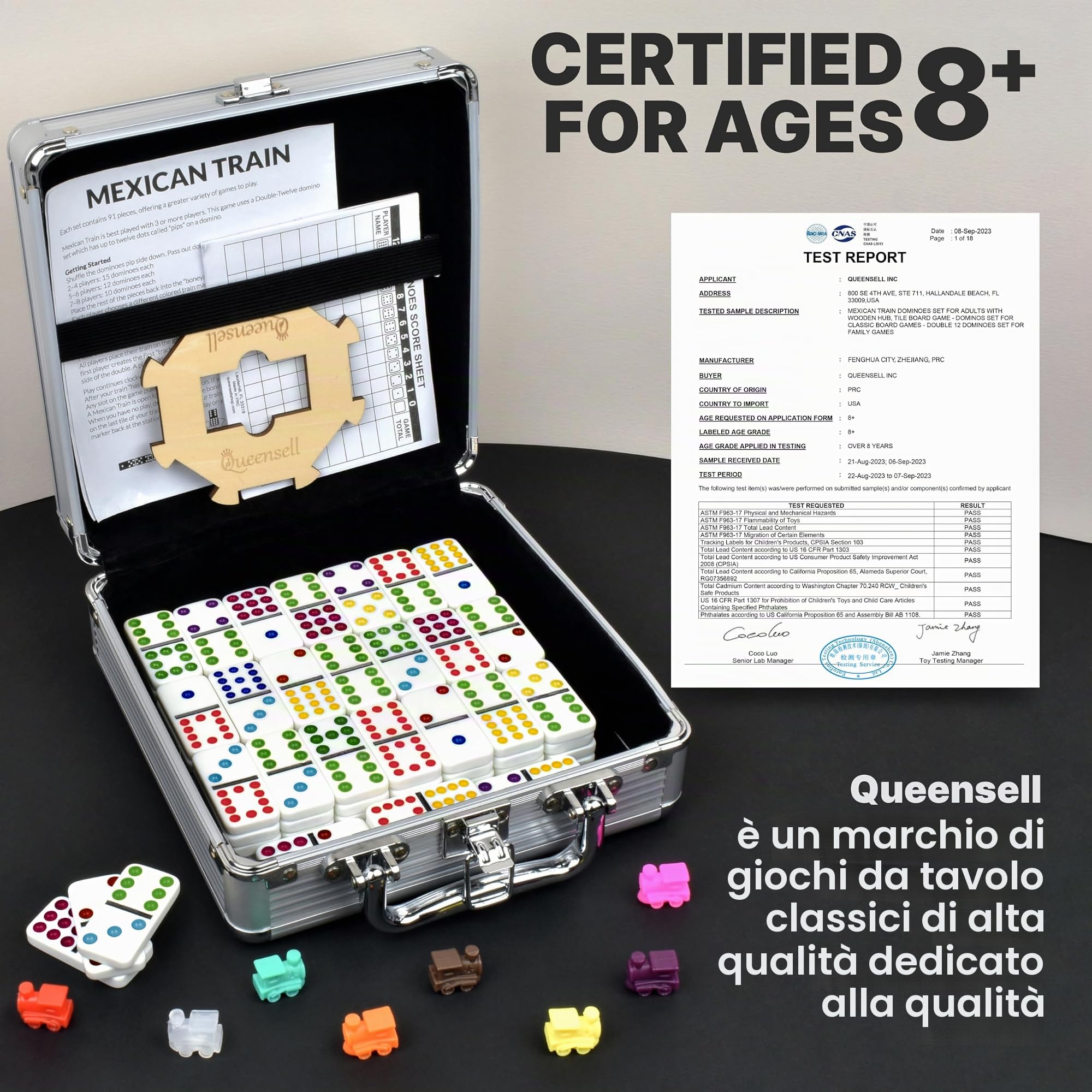Queensell Gioco di domino da treno messicano per adulti – Gioco di domino classico – Doppio 12 domino – Gioco di domino 91 piastrelle in alluminio