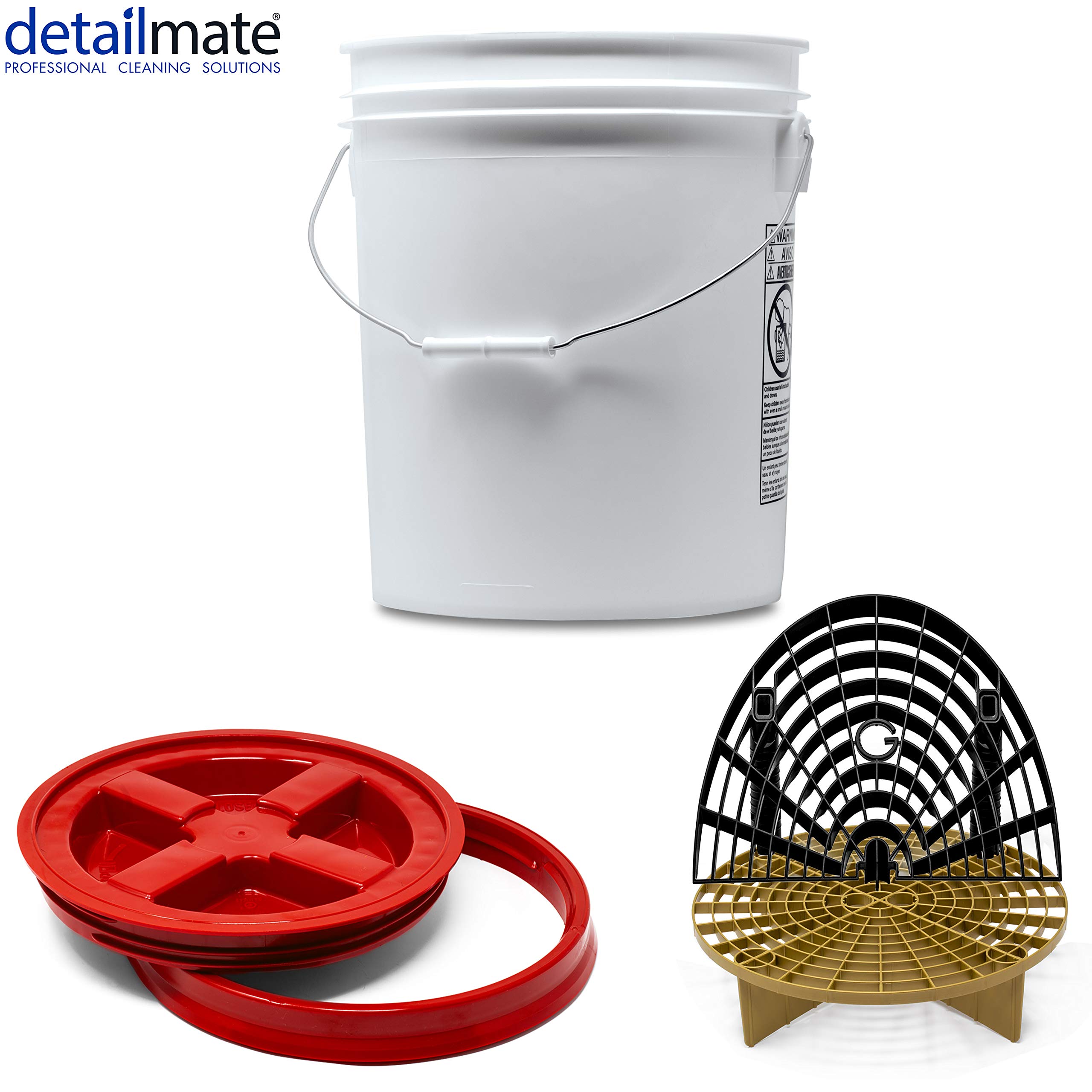 Detailmate professionelles Wasch Eimer Set: Magic Bucket Wascheimer 5 GAL (ca. 20 Liter), Gamma Seal Eimerdeckel rot, GritGuard Schmutz Einsatz Gold, GritGuard Washboard schwarz