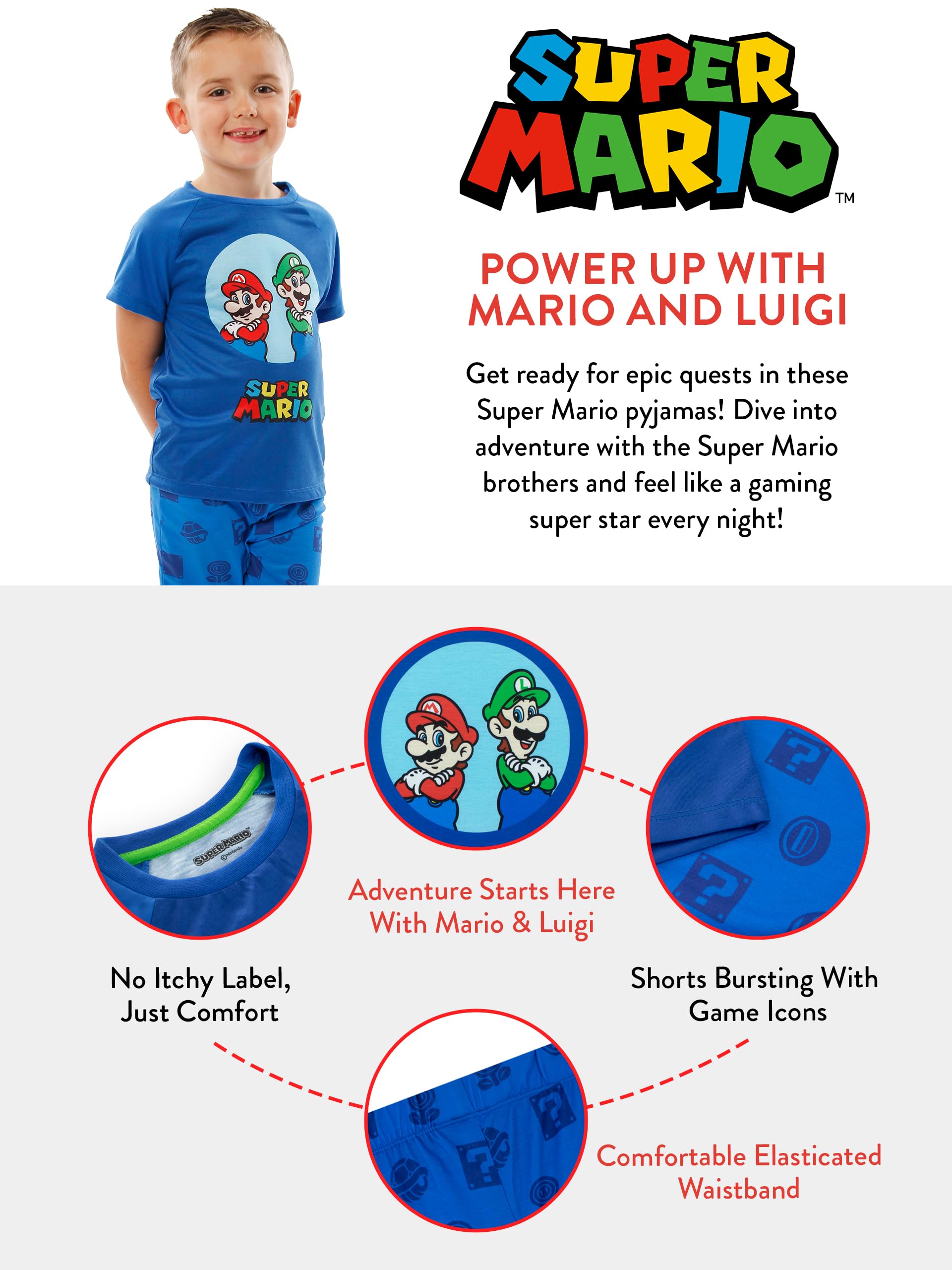 Piżama Super Mario | Piżama Chłopięca Mario I Luigi | Chłopięce Krótkie Piżamy | Oficjalne Towary Mario