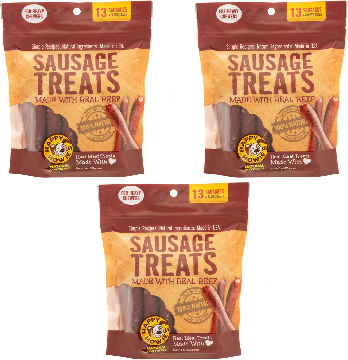Happy Howie's Sausage Treats - Healthy Dog Treats, Flavorful Slow Cooked Beef, Natural Ingredients, Chewy Dog Treats, Hormone Free - Beef, (Pack of 3)