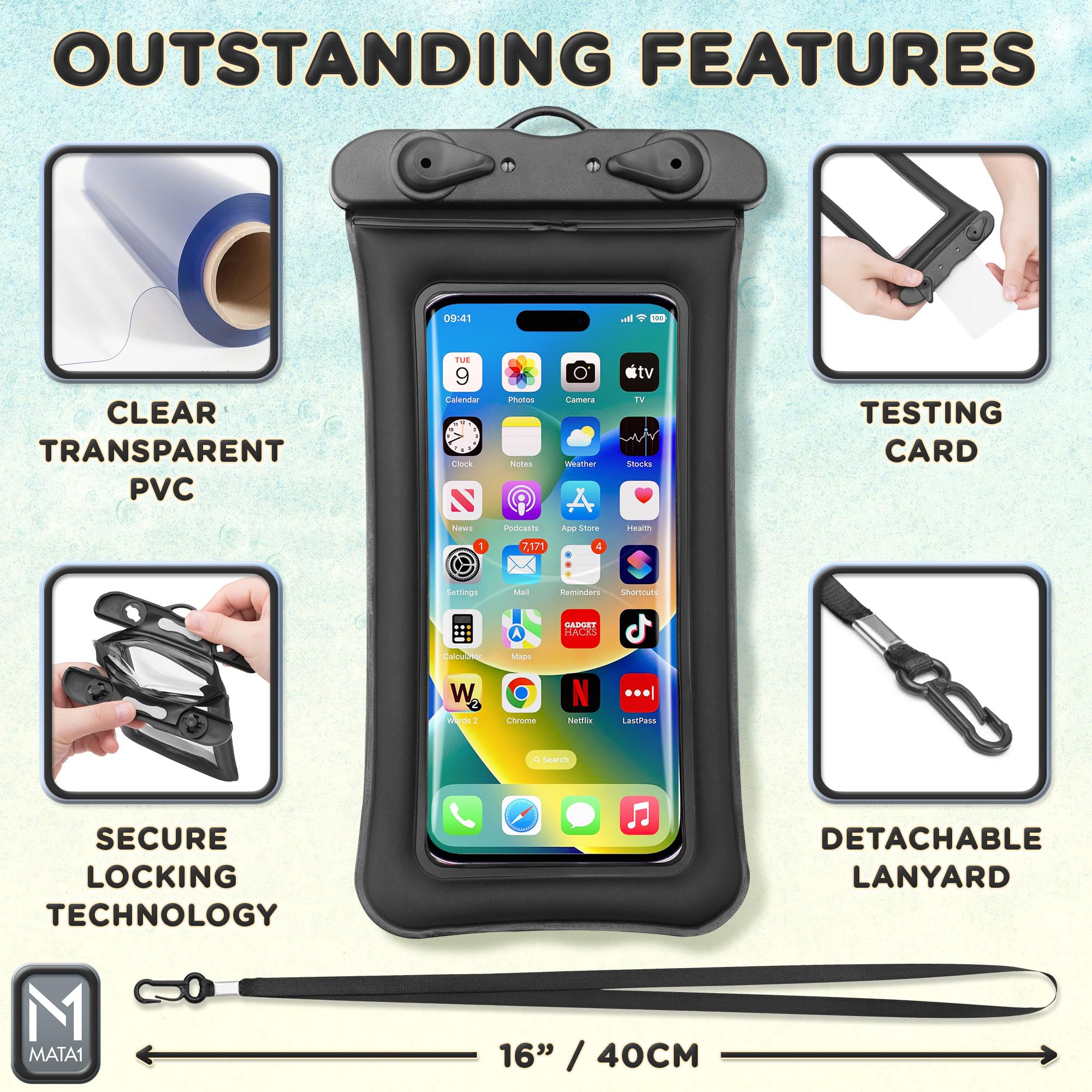 Waterproof Phone Pouch (2 Pack, 23x11cm), Smartphone Dry Bag Case w/Lanyard, Cellphone Holder