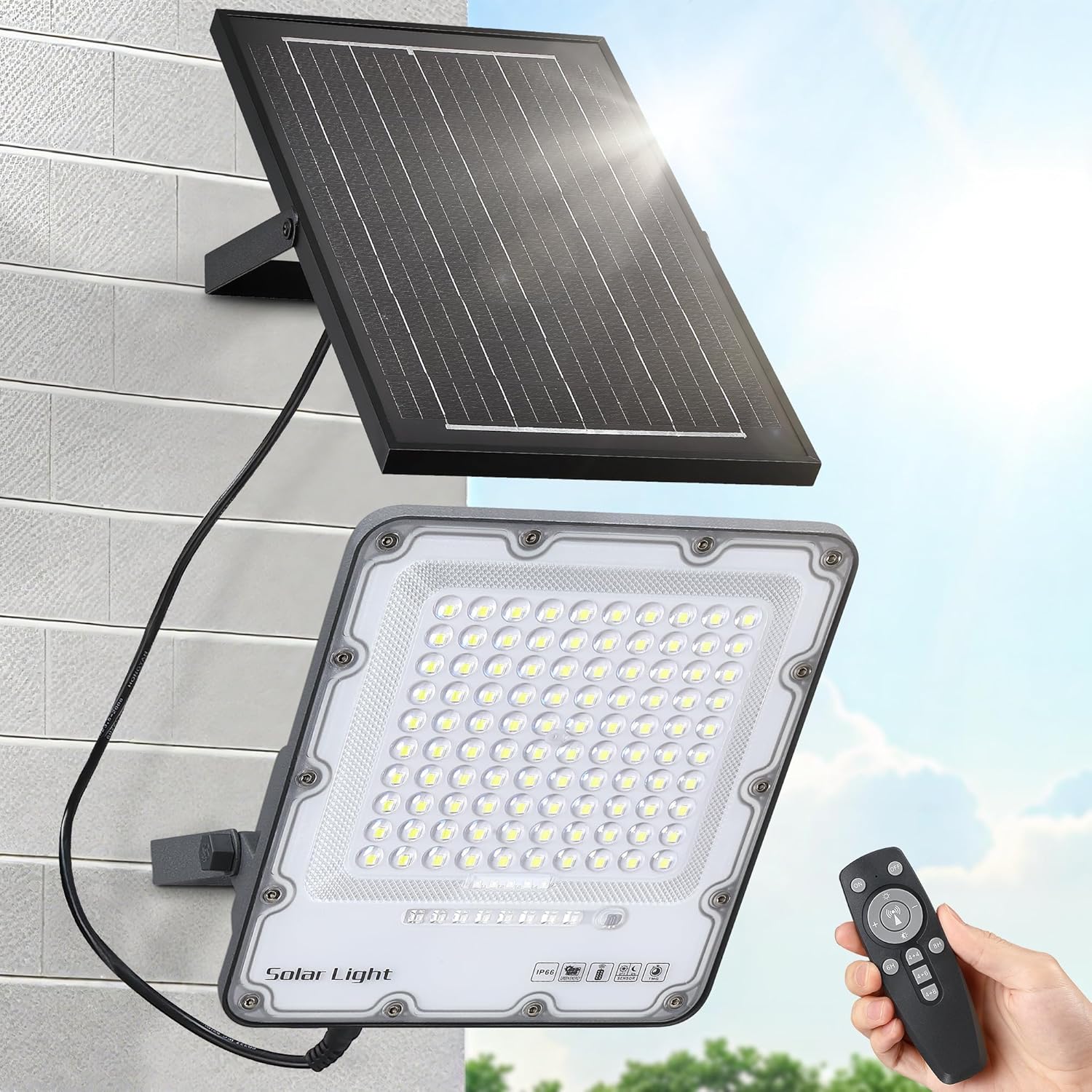 200W Solar Flood Light Outdoor 40000LM 6500K LED Solar Street Light with Remote, IP66 Waterproof Dusk to Dawn Outdoor Security Lighting, 13FT Cable Splitted Solar Powered Lamp for Parking Lot Garage