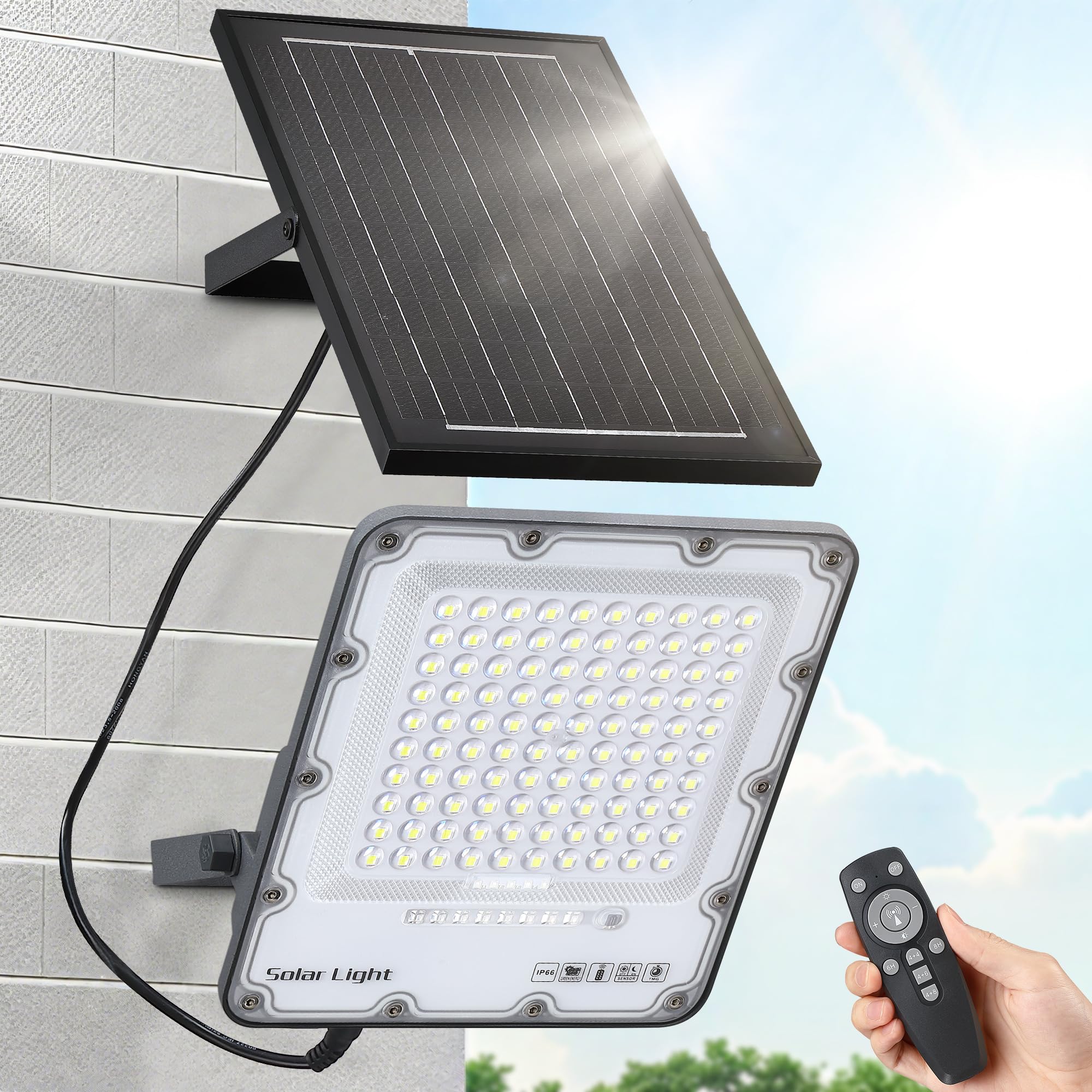 200W Solar Flood Light Outdoor 40000LM 6500K LED Solar Street Light with Remote, IP66 Waterproof Dusk to Dawn Outdoor Security Lighting, 13FT Cable