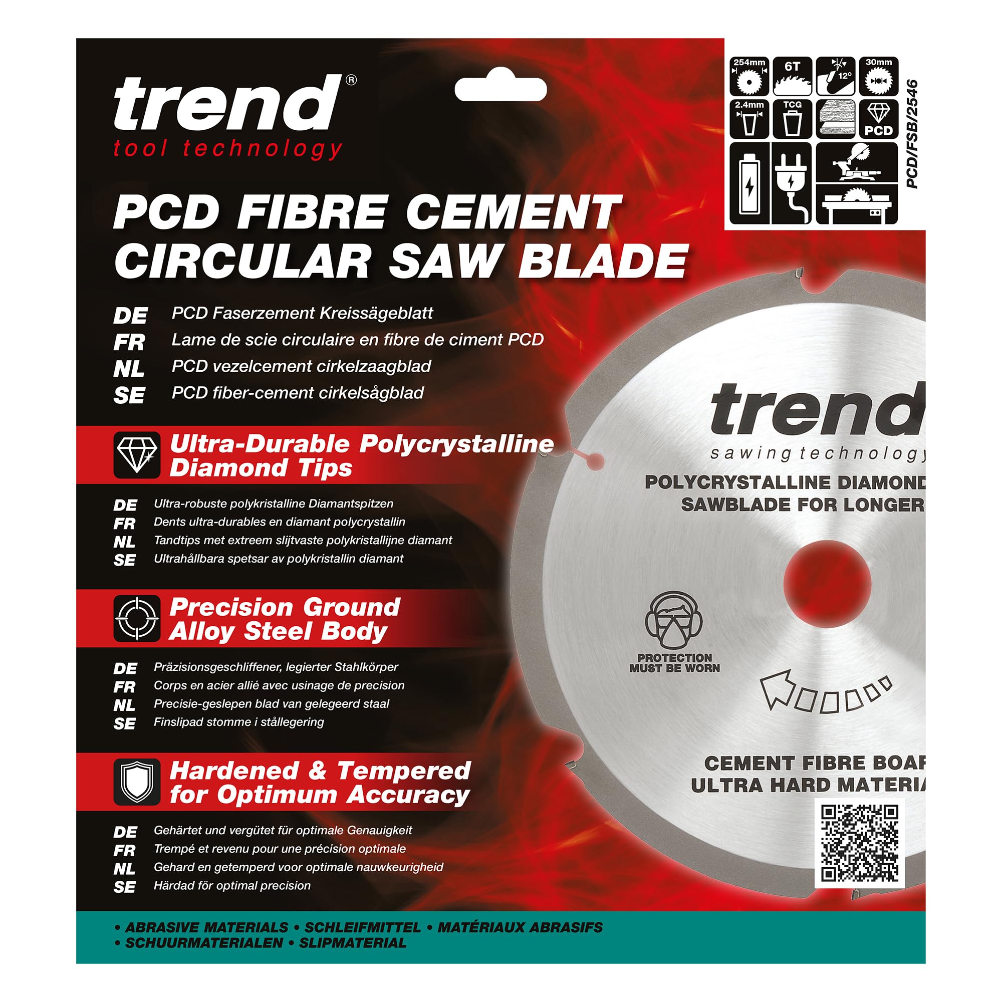 Trend Lame de scie circulaire PCD en fibre-ciment, diamètre 254 mm, alésage 30 mm, 6 dents, trait de scie 2,4 mm, crochet +12°, PCD, finition grossière, PCD/FSB/2546