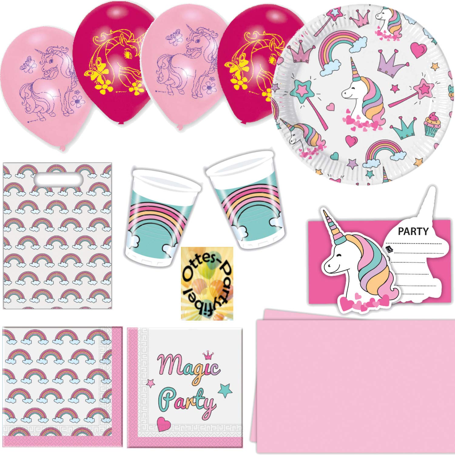 Magic Unicorn Einhorn Partyset 83tlg. für 12 Gäste Teller Becher Servietten Tischdecke Einladung Mitgebseltüten Luftballons