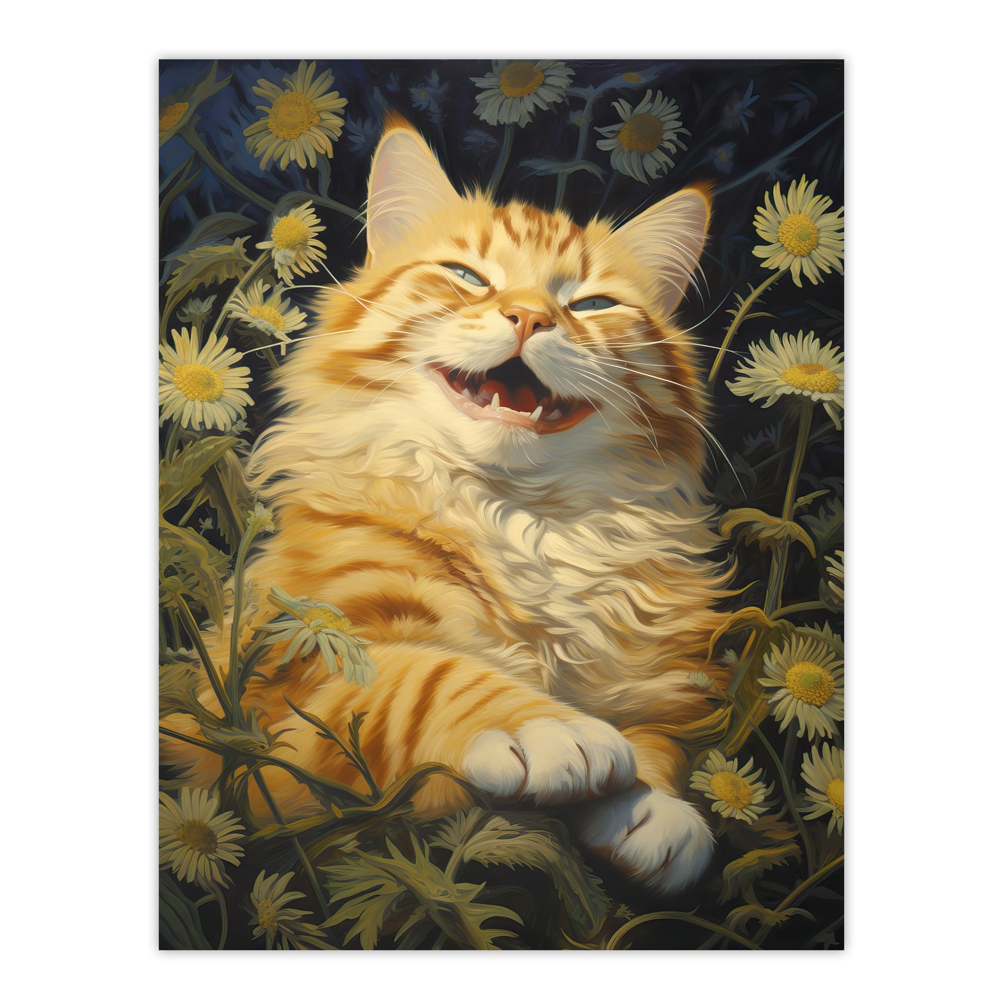 Artery8 Contented Grinning Ginger Cat Wildflower Meadow Oil Painting Extra Large XL Wall Art Poster Print