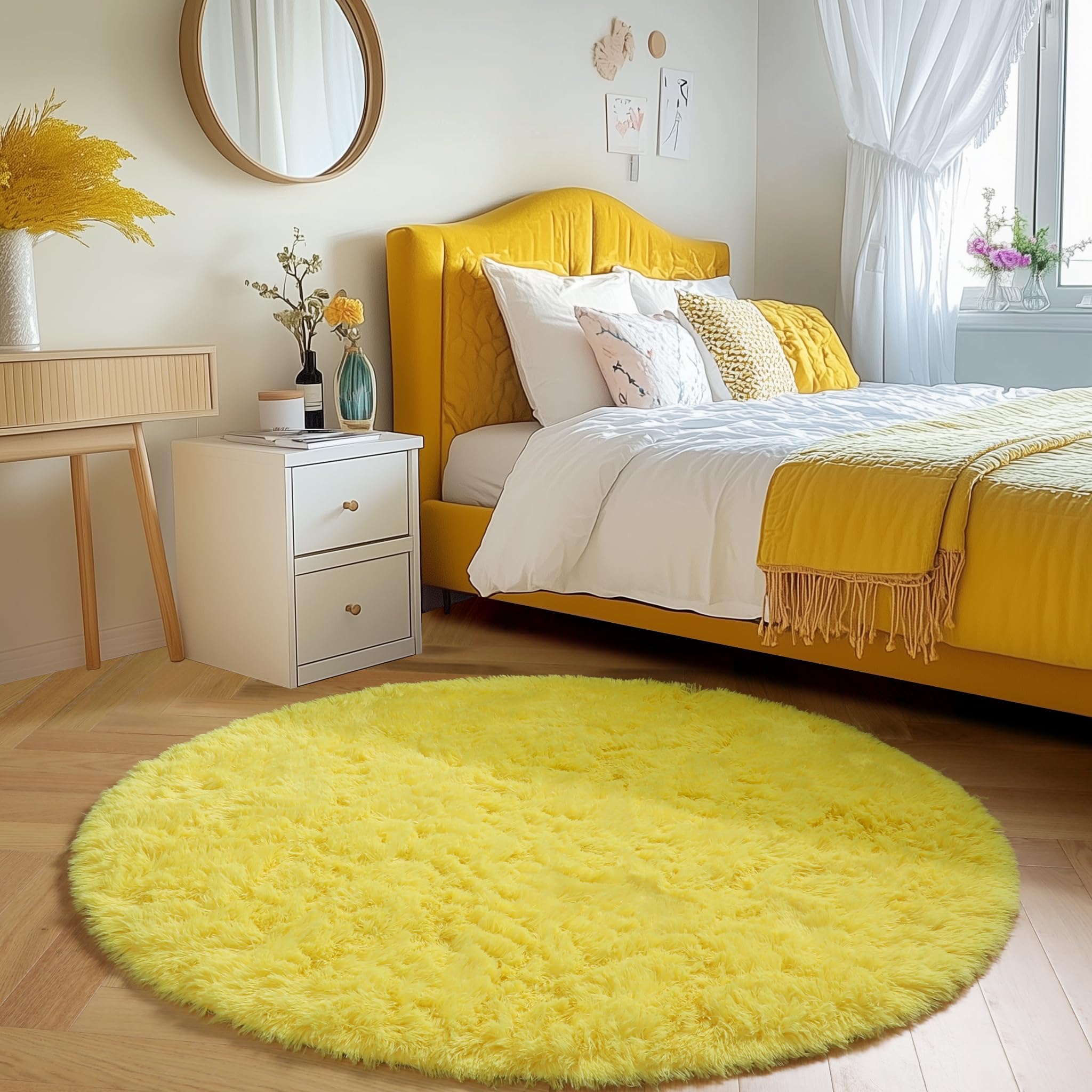 Amdrebio - Alfombra redonda amarilla de 183 cm para salón o dormitorio, mullida de felpa y pelo largo, para decoración de guardería, aula, habitación infantil o juvenil, niñas o niños, estilo kawaii