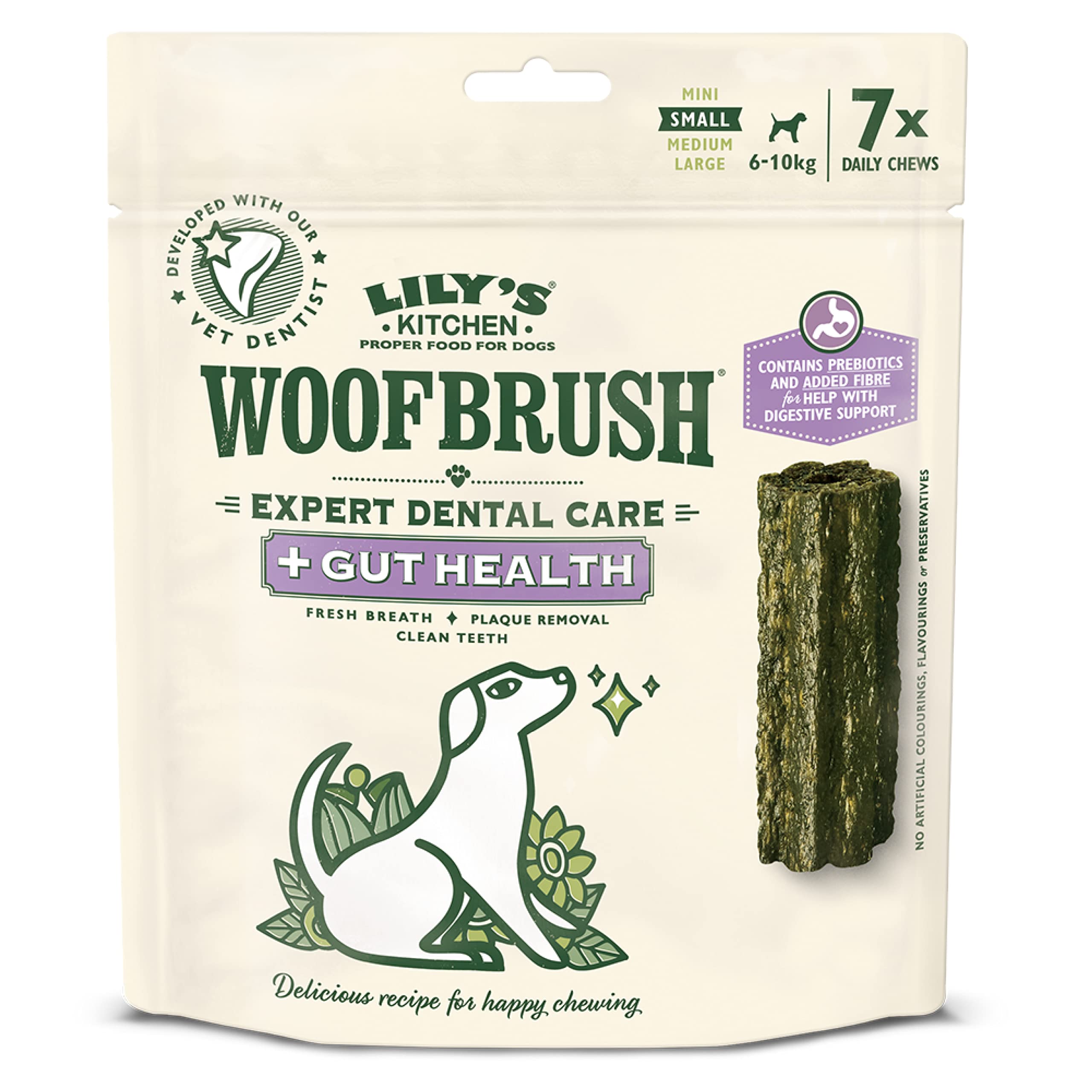Lily's Kitchen Masticable dental Woofbrush con salud intestinal, barritas dentales naturales para perros pequeños, 7 unidades (paquete de 5)
