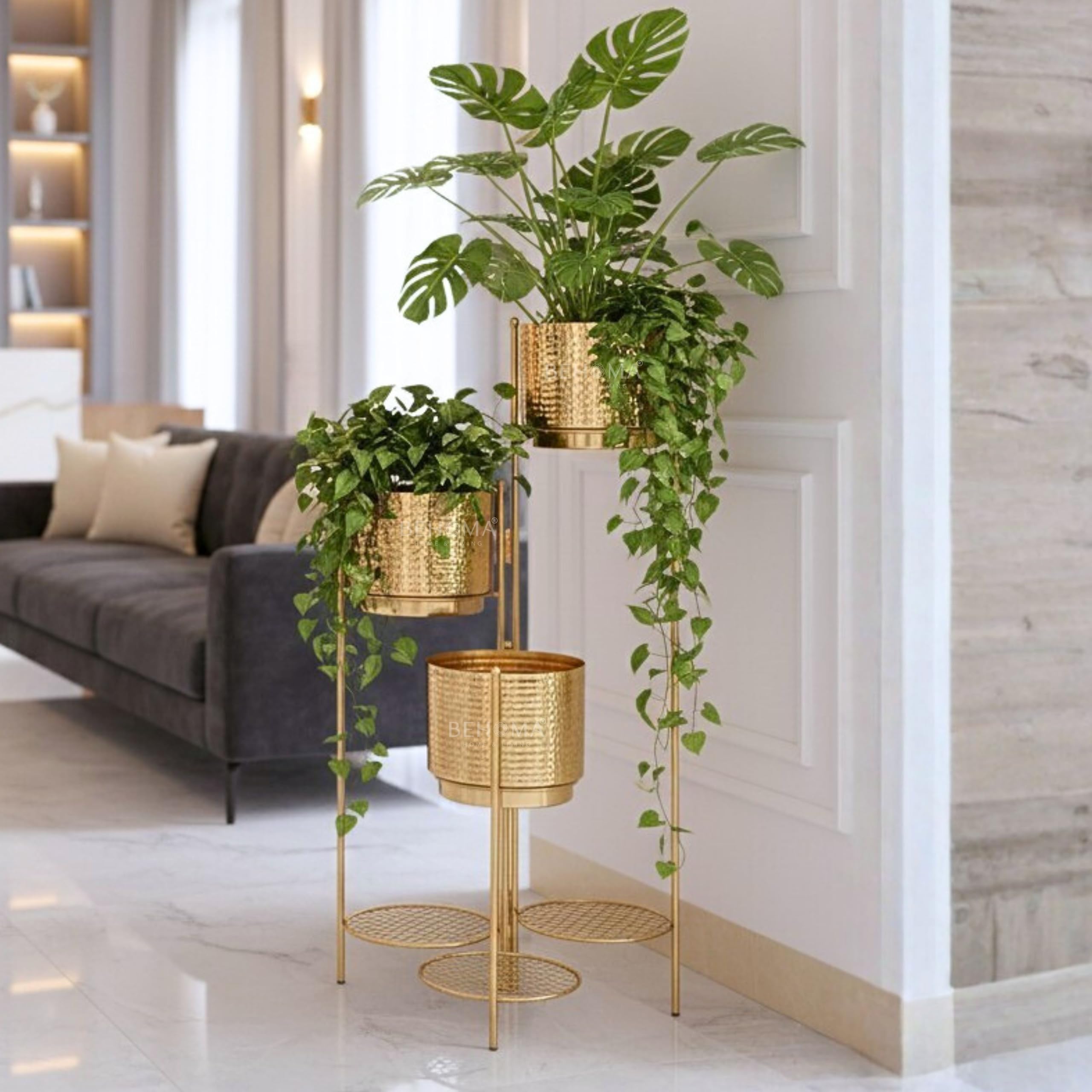 BEHOMA Gold 3-Tier Metal Planter Stand -9