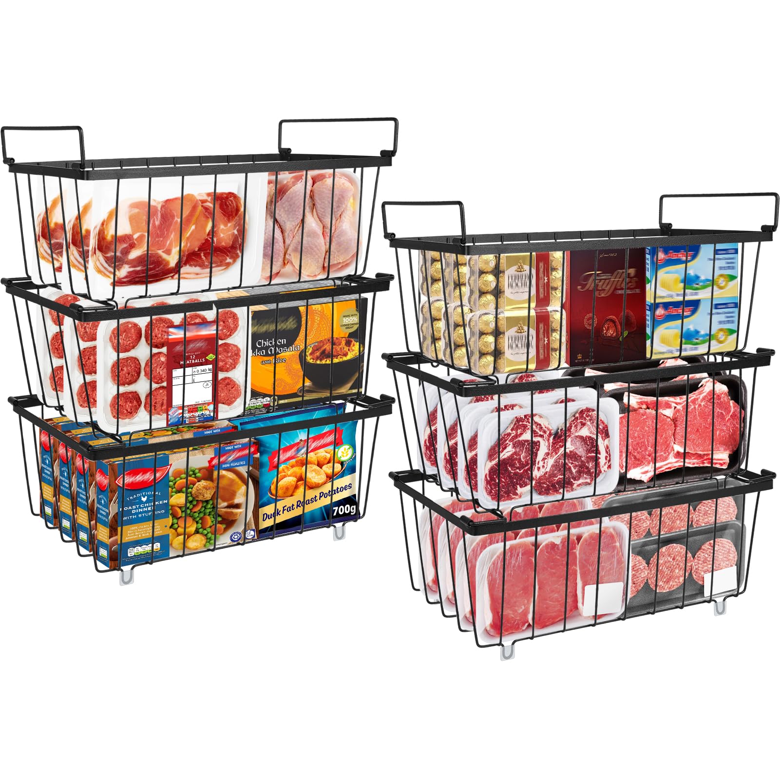 UHAPEER 6 Pack Stackable Chest Freezer Storage Baskets: 2.8mm Durable Metal Wire Organizers with Fold-Down Handle - Perfect for 198L Chest Freezers - Kitchen Frozen Goods Sort - Black - (37x18x14.5cm)