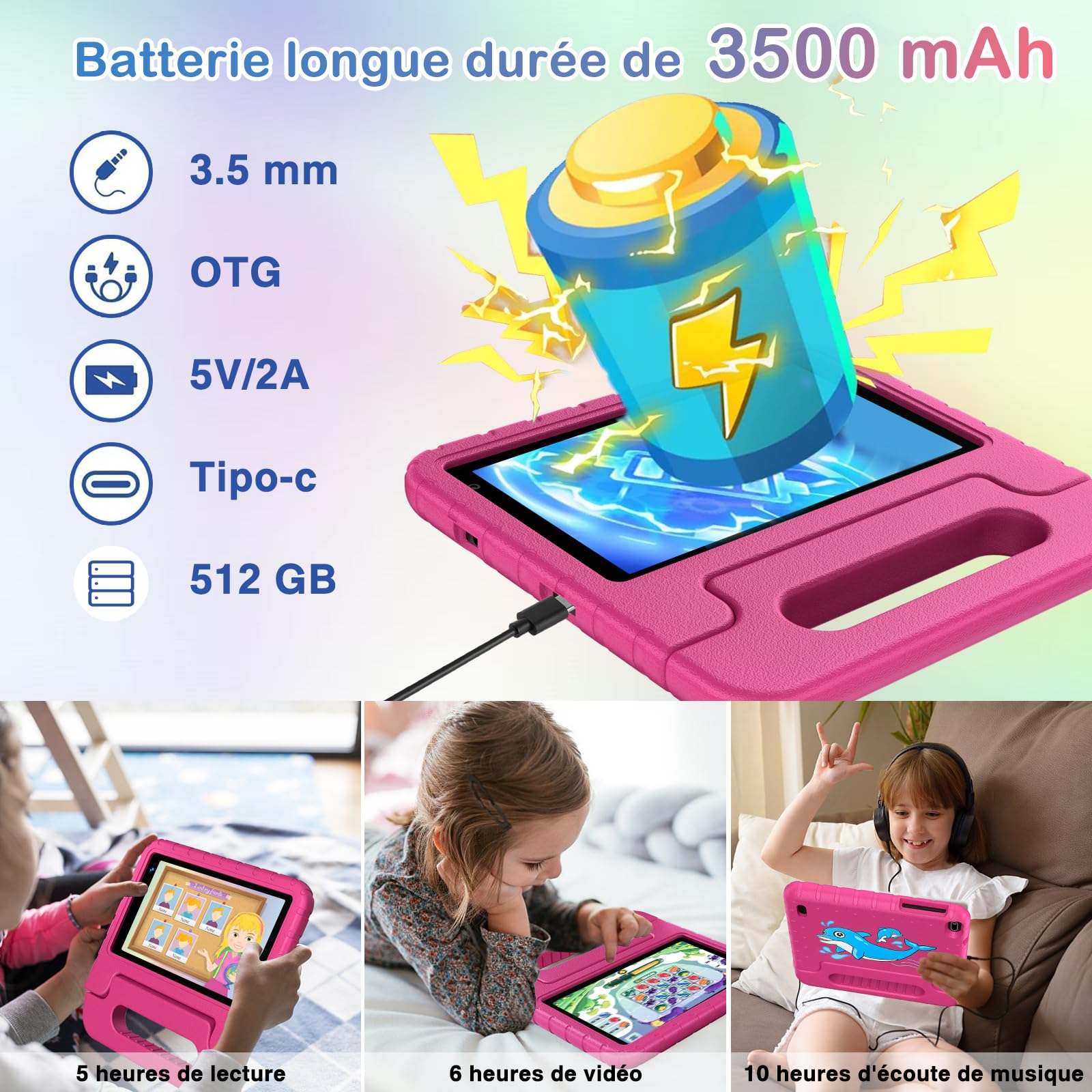 Tablette pour 7 Pouces Android Tablette Enfants avec 10GB+64GB(TF 1TB),Kids Tablette Tactile Octa-Core,Éducative Apps Pré-Installé,Contrôle Parental, WiFi 6, BT5.0,Cas EVA - Pink