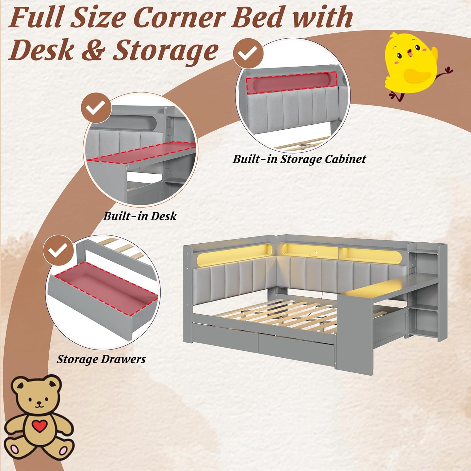 Full Size Corner Bed Frame, Full Size Daybed with Storage Shelves & Storage Drawers, Wood Corner Bed with Charging Station & LED Light, Desk & Upholstered Headboard and Backrest, Gray
