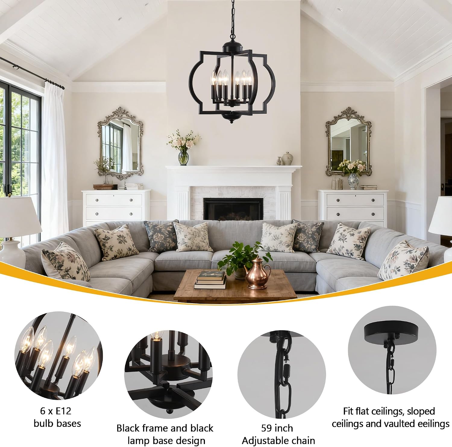 Black Farmhouse Chandelier, 6 Light Geometric Dining Room Light Fixture, 20" Modern Industrial Metal Ceiling Light Rustic Hanging Pendant Lights with E12 base for Kitchen Island Entryway Foyer, Indoor