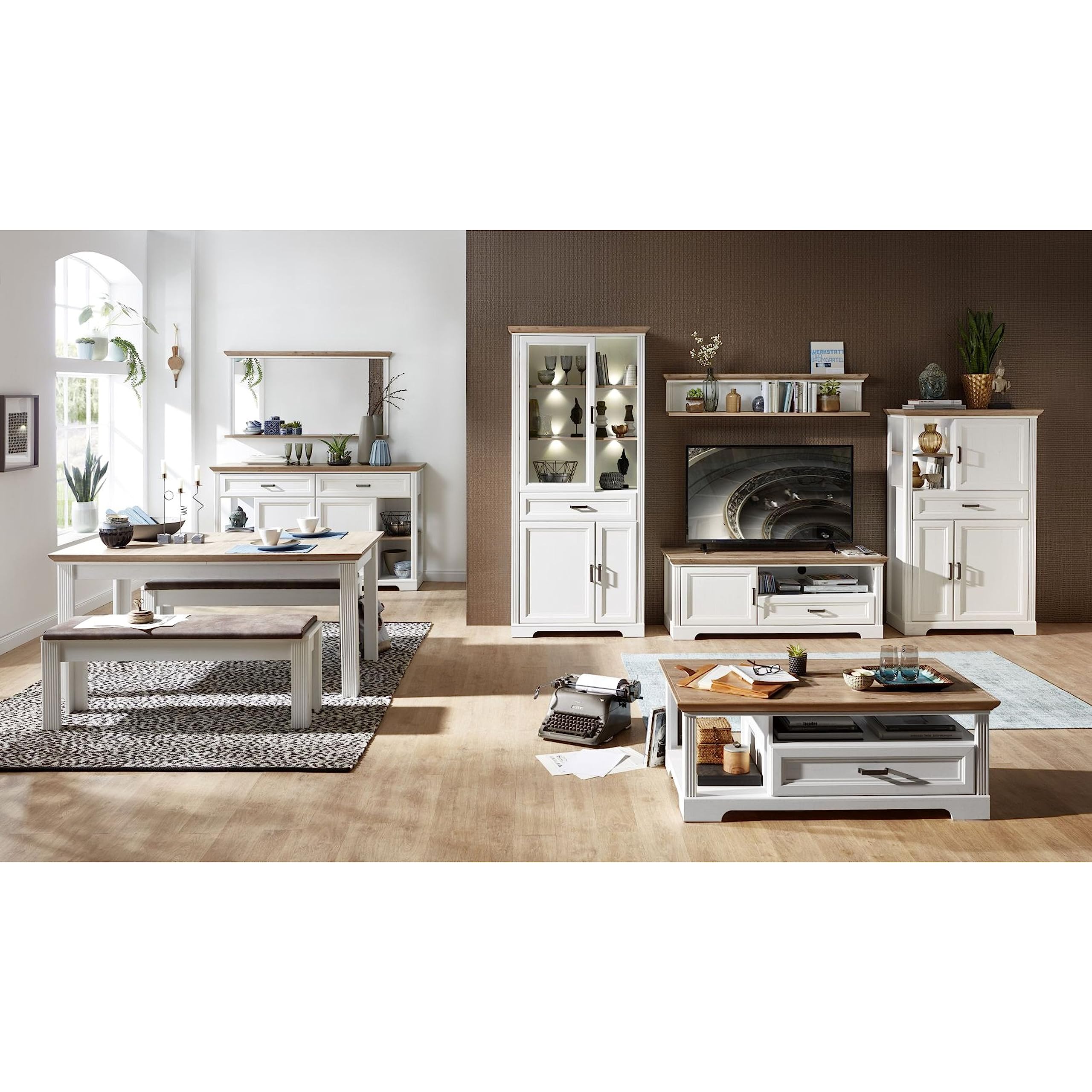 Stella Trading Stauraumelement in Pinie hell, Artisan Eiche Optik - Wohnzimmerschrank mit LED-Beleuchtung und viel Stauraum im Landhausstil - 93 x 150 x 42 cm (B/H/T)