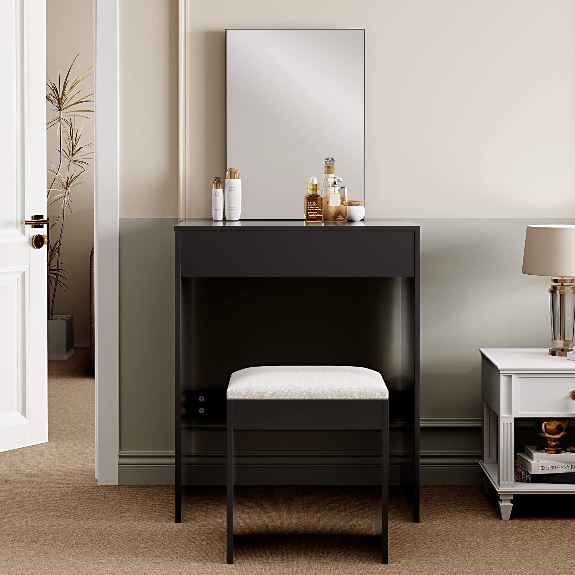 mcc direct Dressing Table Set with Mirror & Stool, Vanity Desk with Large Drawer and Open Storage, Makeup Desk for Bedroom (Black) - TAMPA