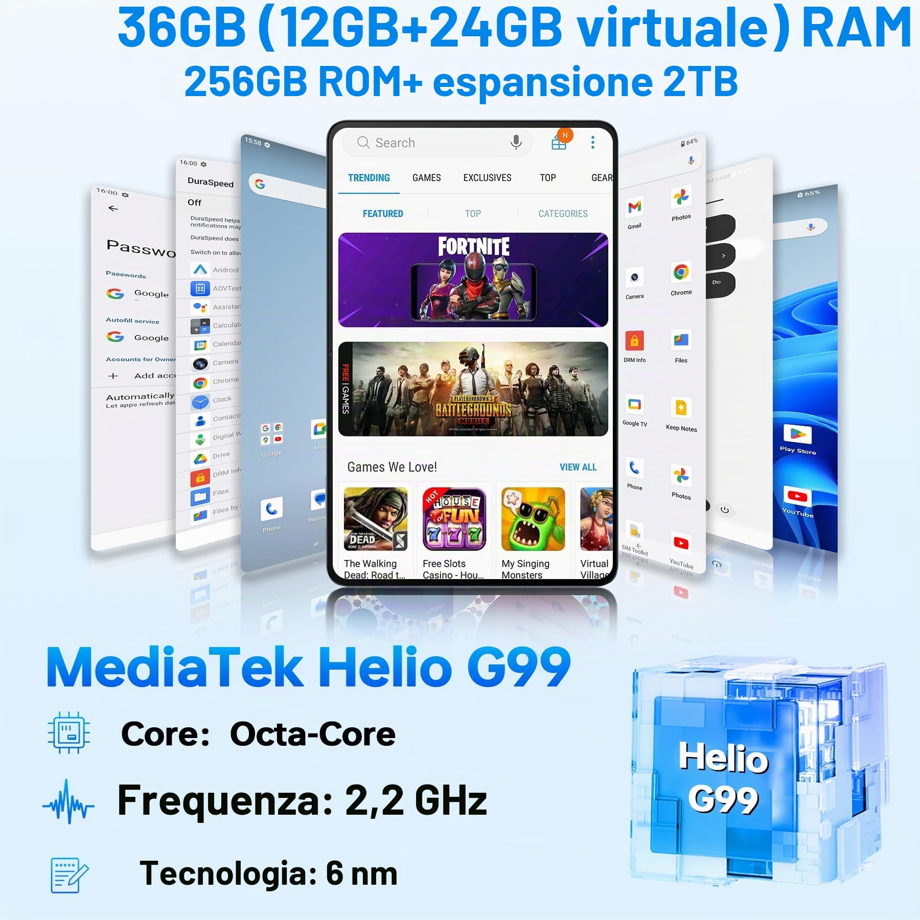 OUKITEL OT5 Tablet 12 Pollici - 36(12+24)+256GB Gaming Tablets, 11000mAh Batteria Tablet PC, Tablet 2K IPS HD, MTK Helio G99 Octa-core Android 13, 16MP+5MP, TÜV e Dual SIM/5G WiFi+4G LTE/OTG/GPS, Nero