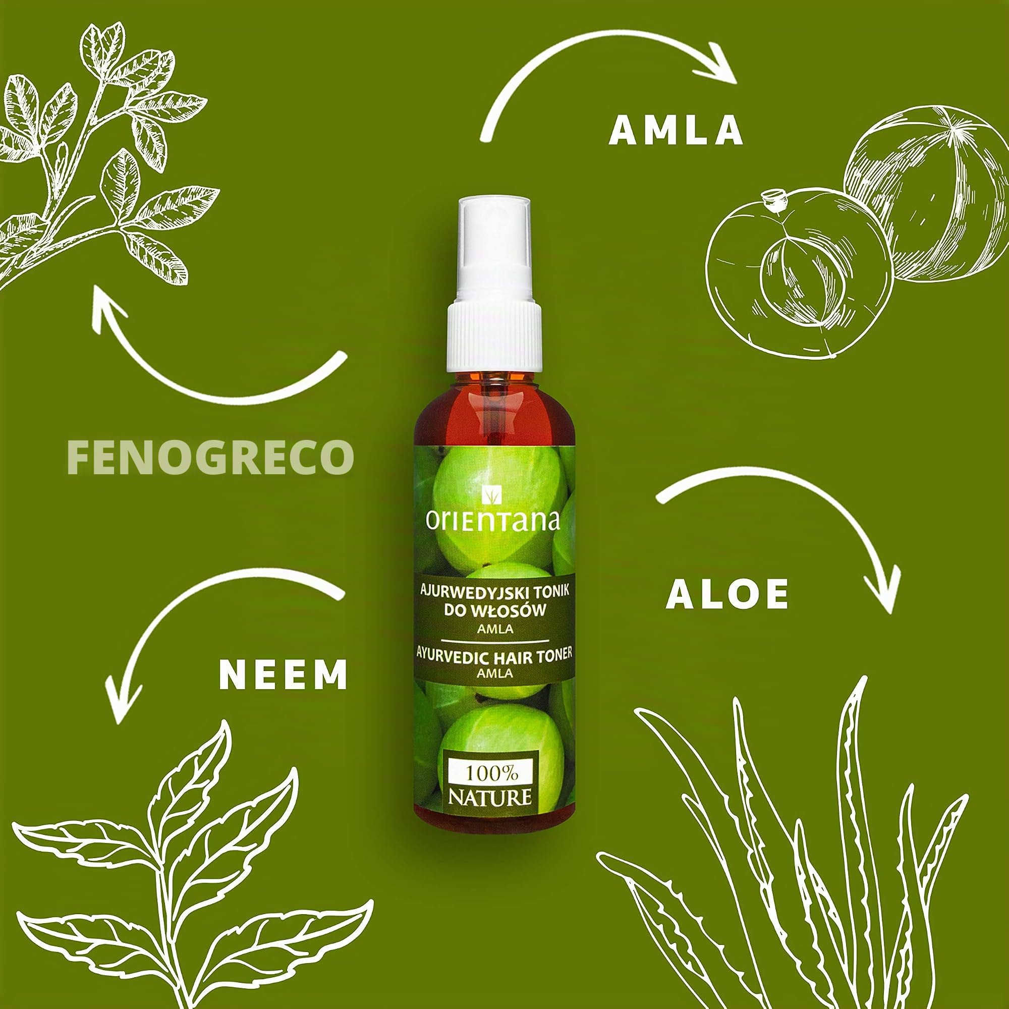 Orientana - Tónico capilar ayurvédico Amla | Fortalecedor de cabello antiinflamatorio sin aceite vegano 99.7% natural | Previene la caída del cabello | Aplicador en spray - 105ml