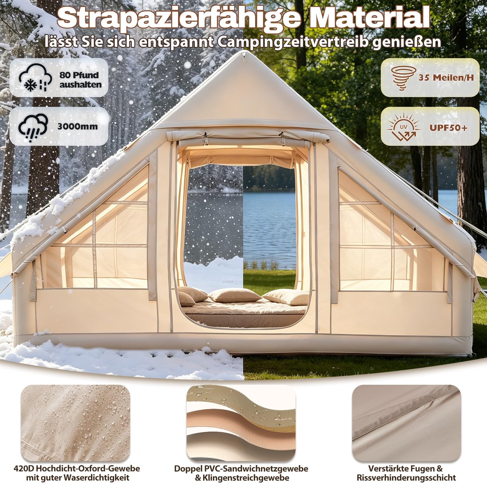 Aufblasbares Campingzelt mit Kaminöffnung & Dachfenster, Aufblasbare Zelt für 2-10per mit Luftpumpe, Zelt Aufblasbar aus Wasserdichtem Oxford-Stoff für Jahreszeiten, Schneller Aufbau Luftzelte