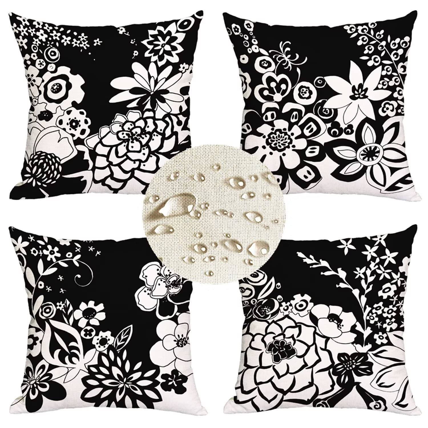 Set di 4 Fodere per Cuscino Impermeabili 55x55cm, federe cuscini divano Fiori bianchi neri Biancheria Decorativi Copricuscini in Lino con Cerniera nascosta per Esterno giardino Grandi Cuscini F26